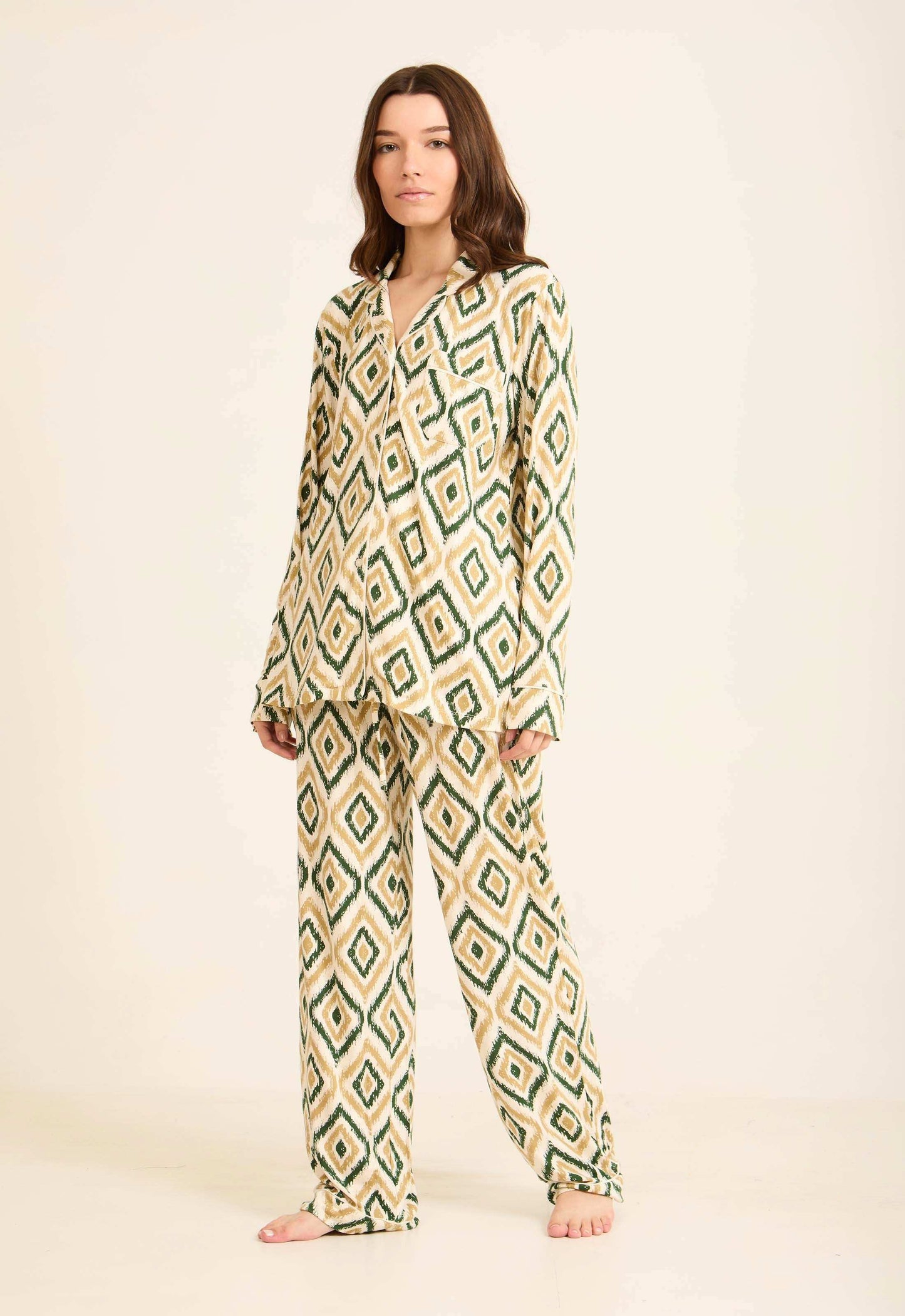 Geometric Pattern Pajama Set with Classic Collar