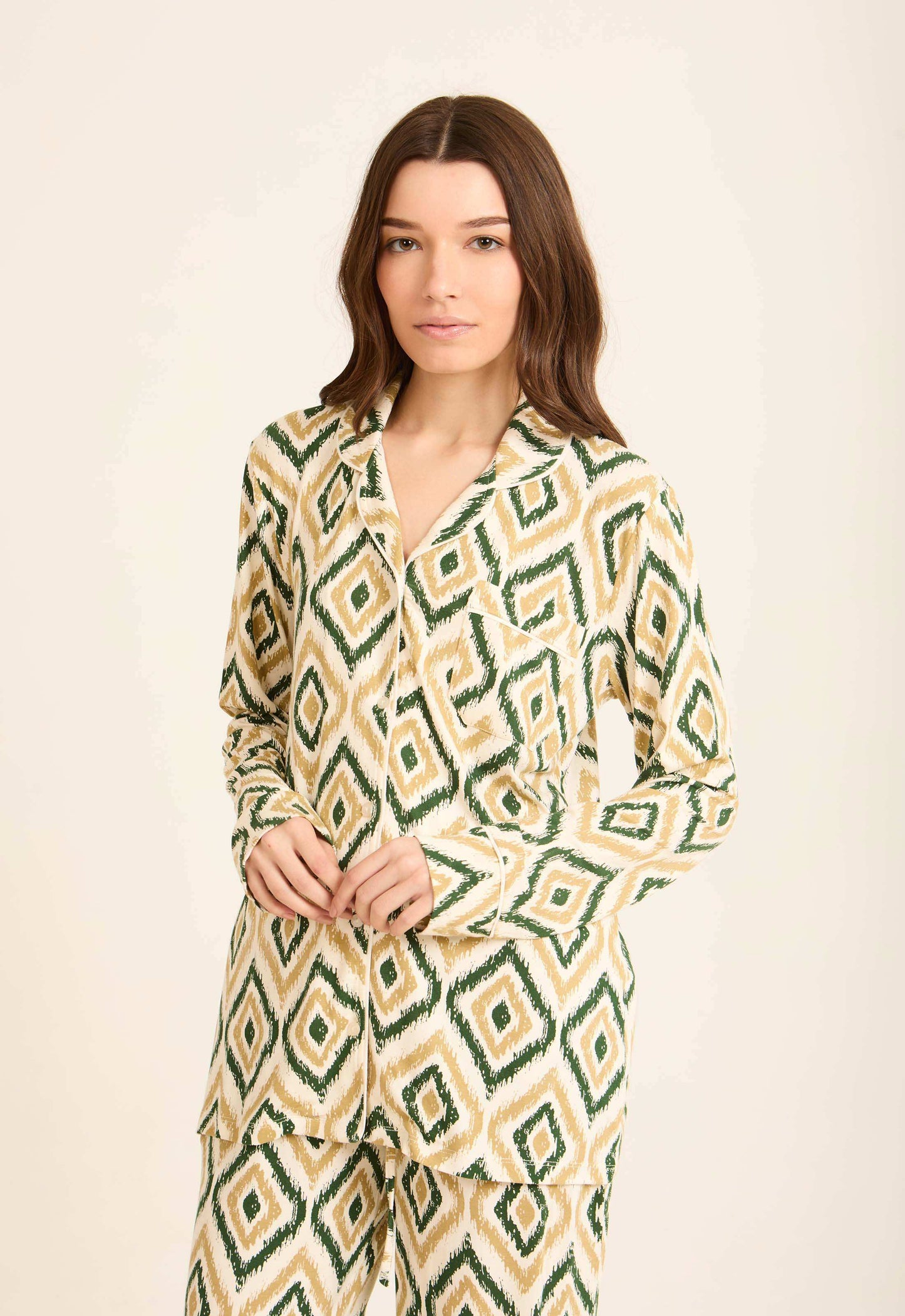 Geometric Pattern Pajama Set with Classic Collar