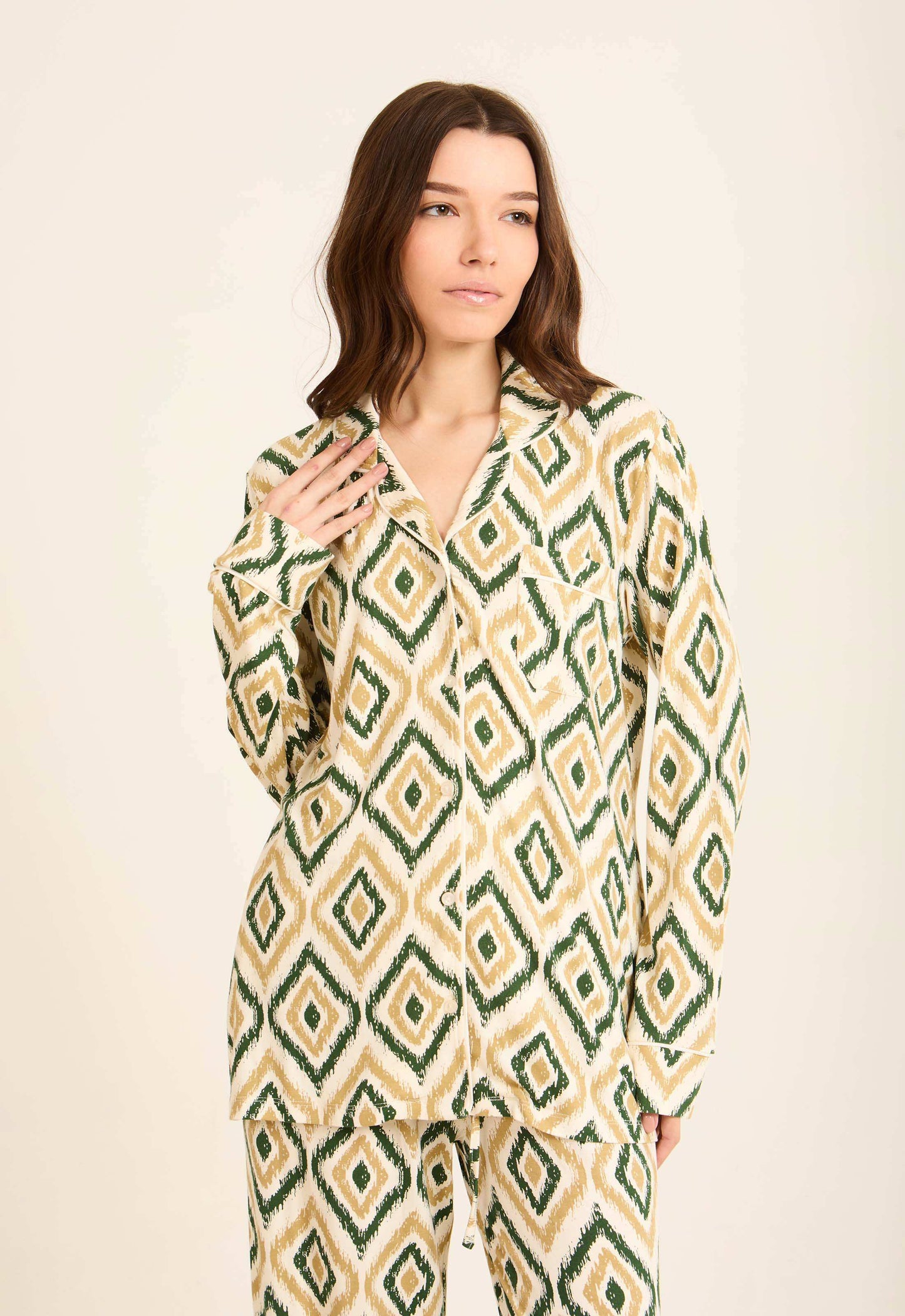 Geometric Pattern Pajama Set with Classic Collar