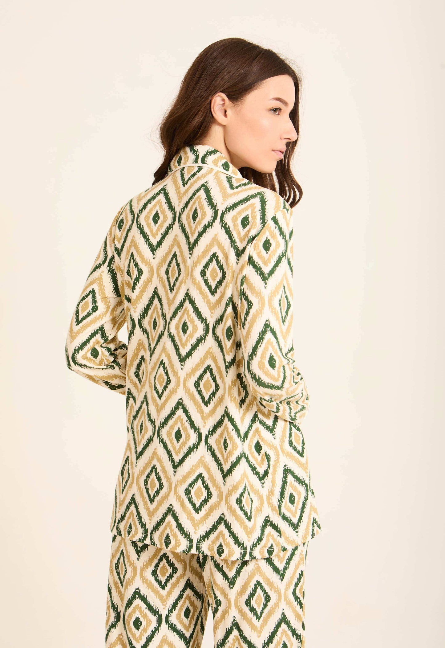 Geometric Pattern Pajama Set with Classic Collar