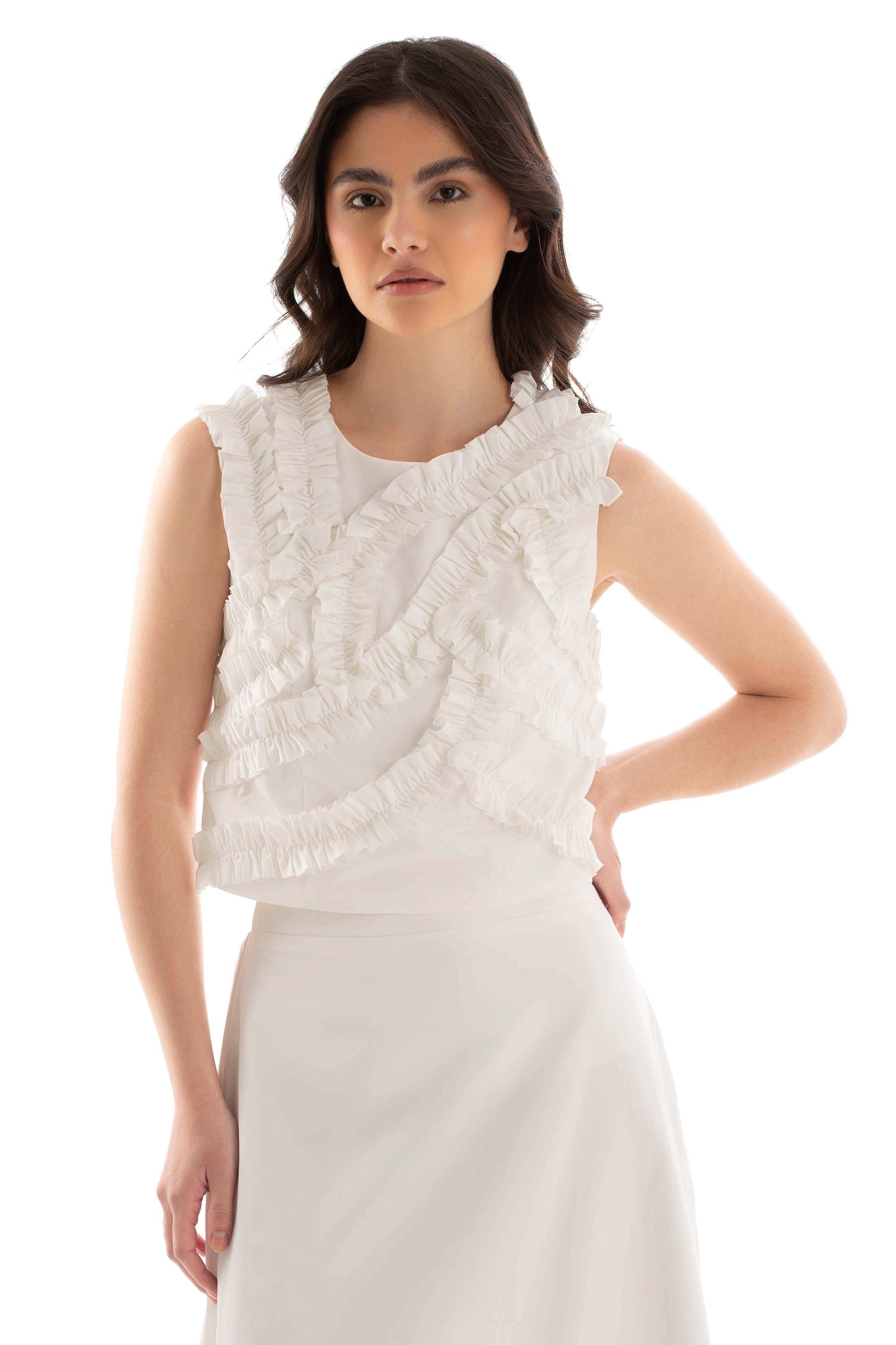 Sleeveless Slip On Top with Stitched Ruffles