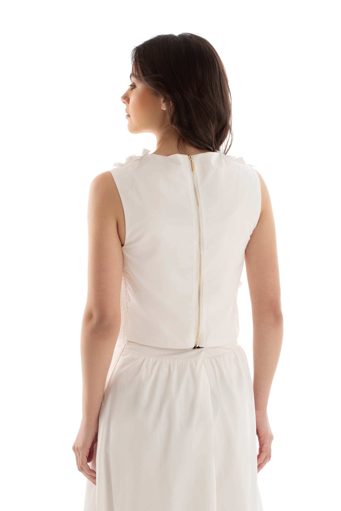 Sleeveless Slip On Top with Stitched Ruffles