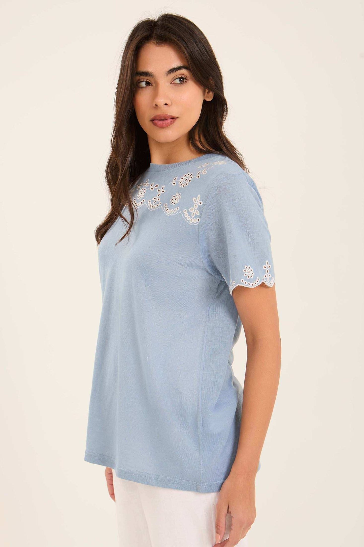 Embroidered Perforated Floral Short Sleeves Tee