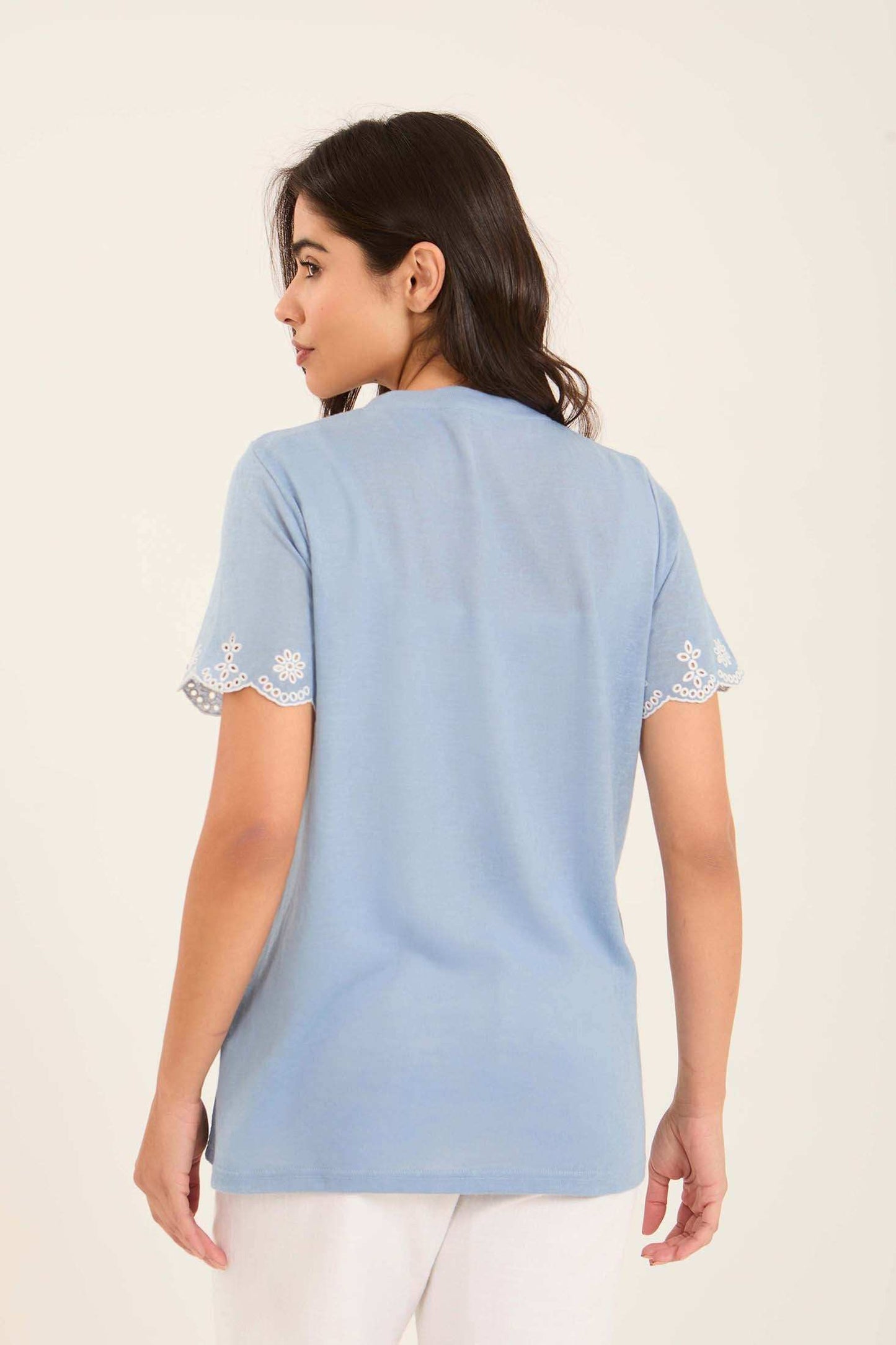 Embroidered Perforated Floral Short Sleeves Tee