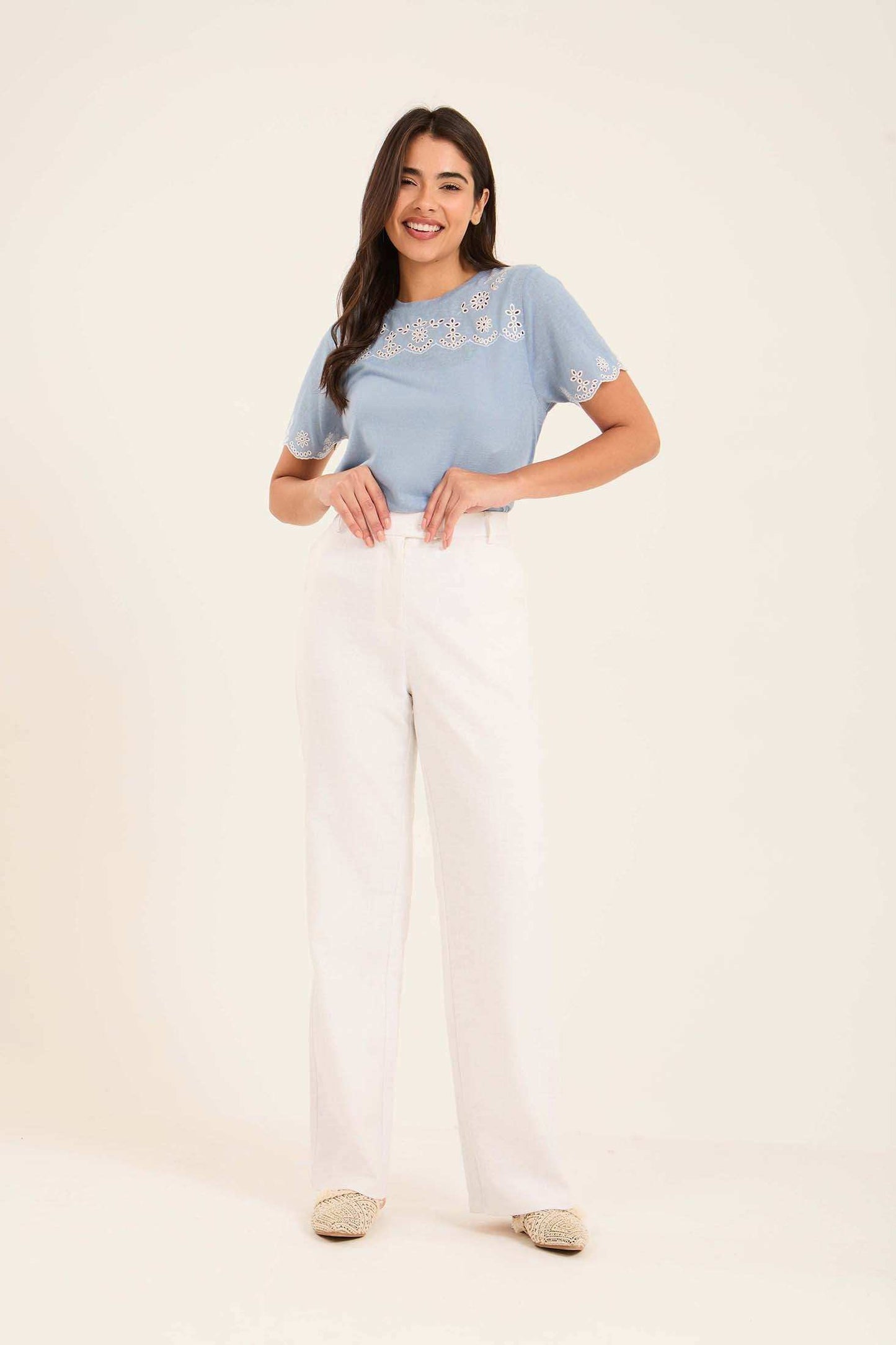 Embroidered Perforated Floral Short Sleeves Tee