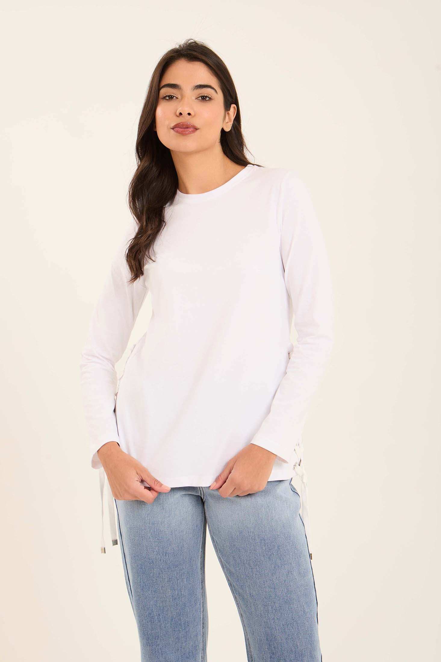 Solid Long Sleeves Tee with Side Drawstrings