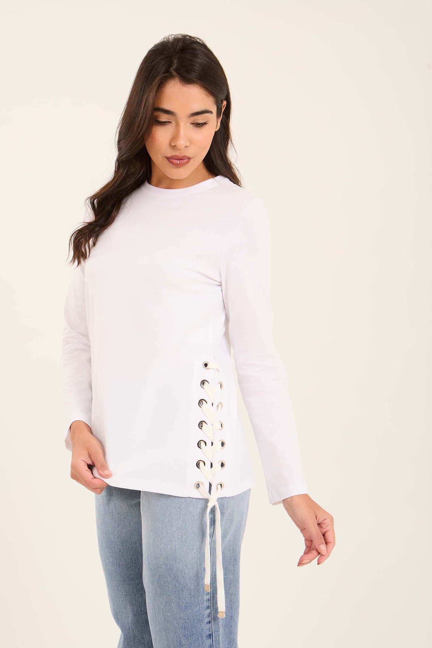 Solid Long Sleeves Tee with Side Drawstrings
