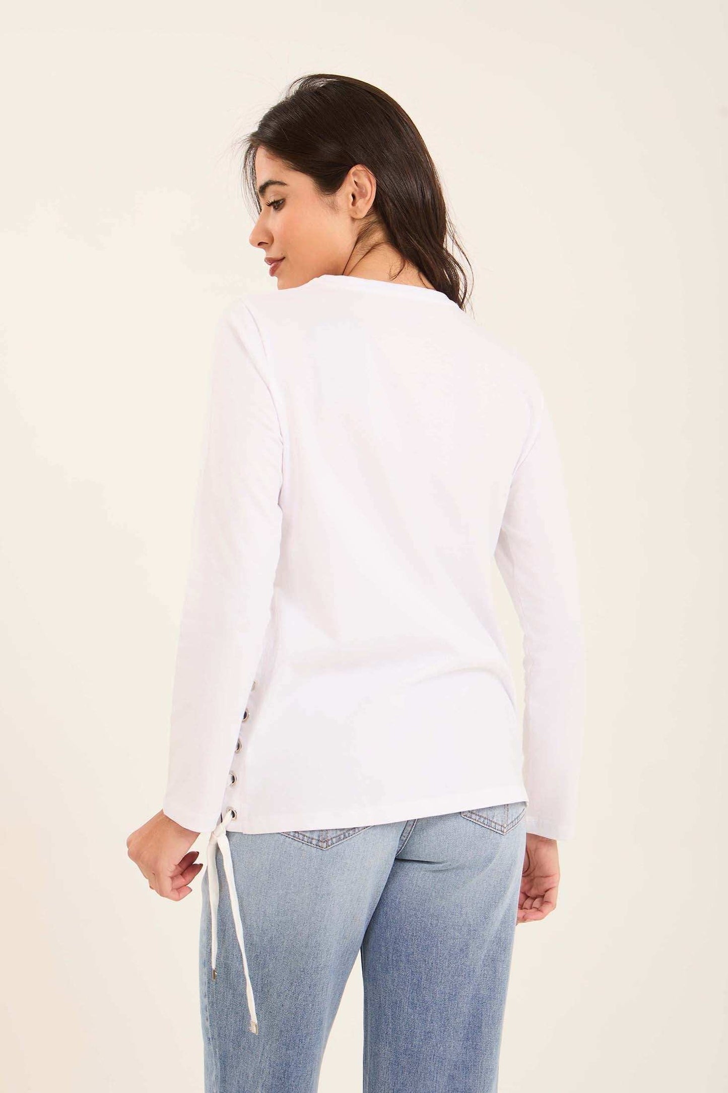 Solid Long Sleeves Tee with Side Drawstrings