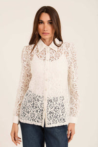 Lace Sheer Button-Down Shirt with Classic Collar
