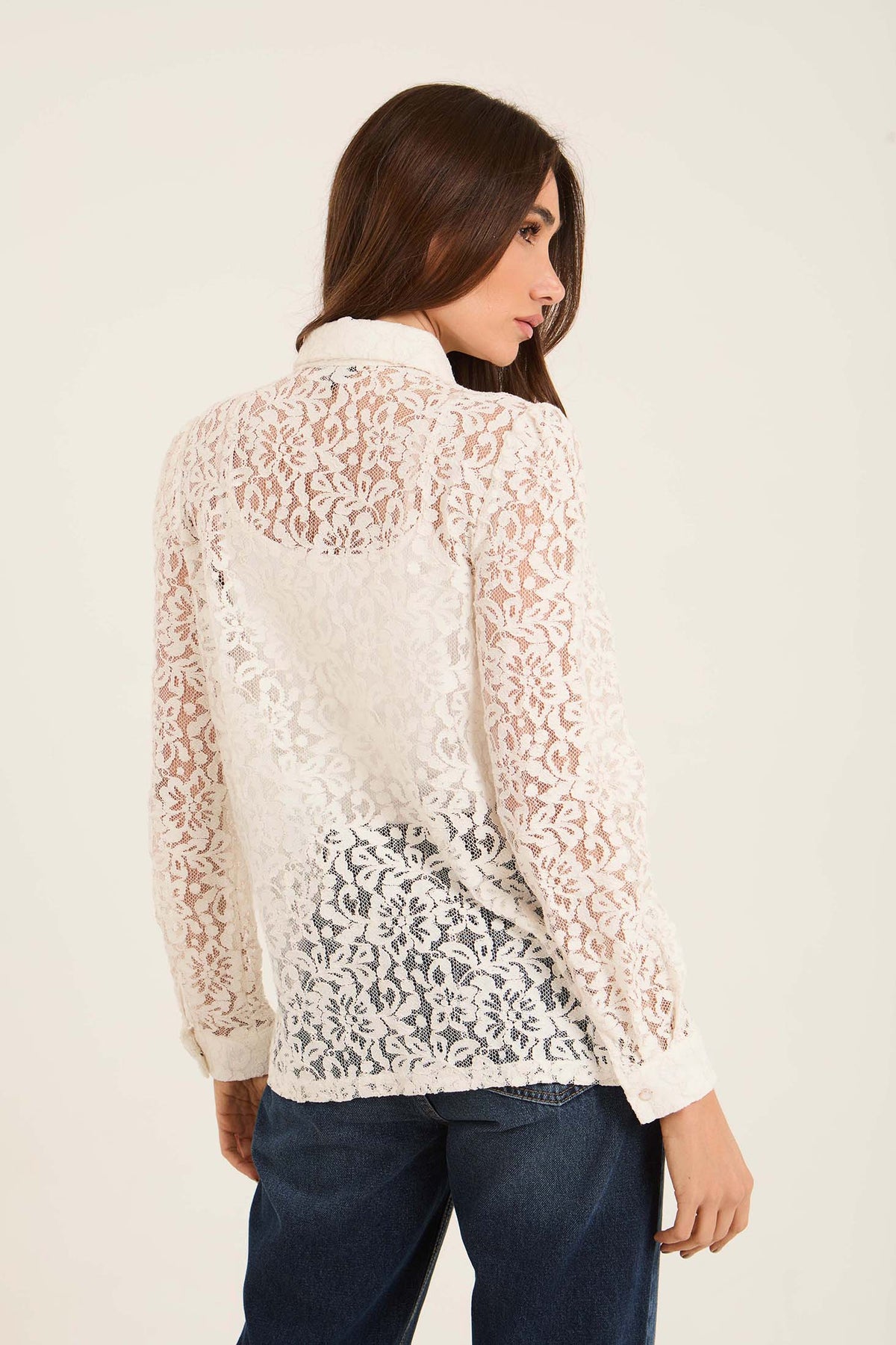 Lace Sheer Button-Down Shirt with Classic Collar