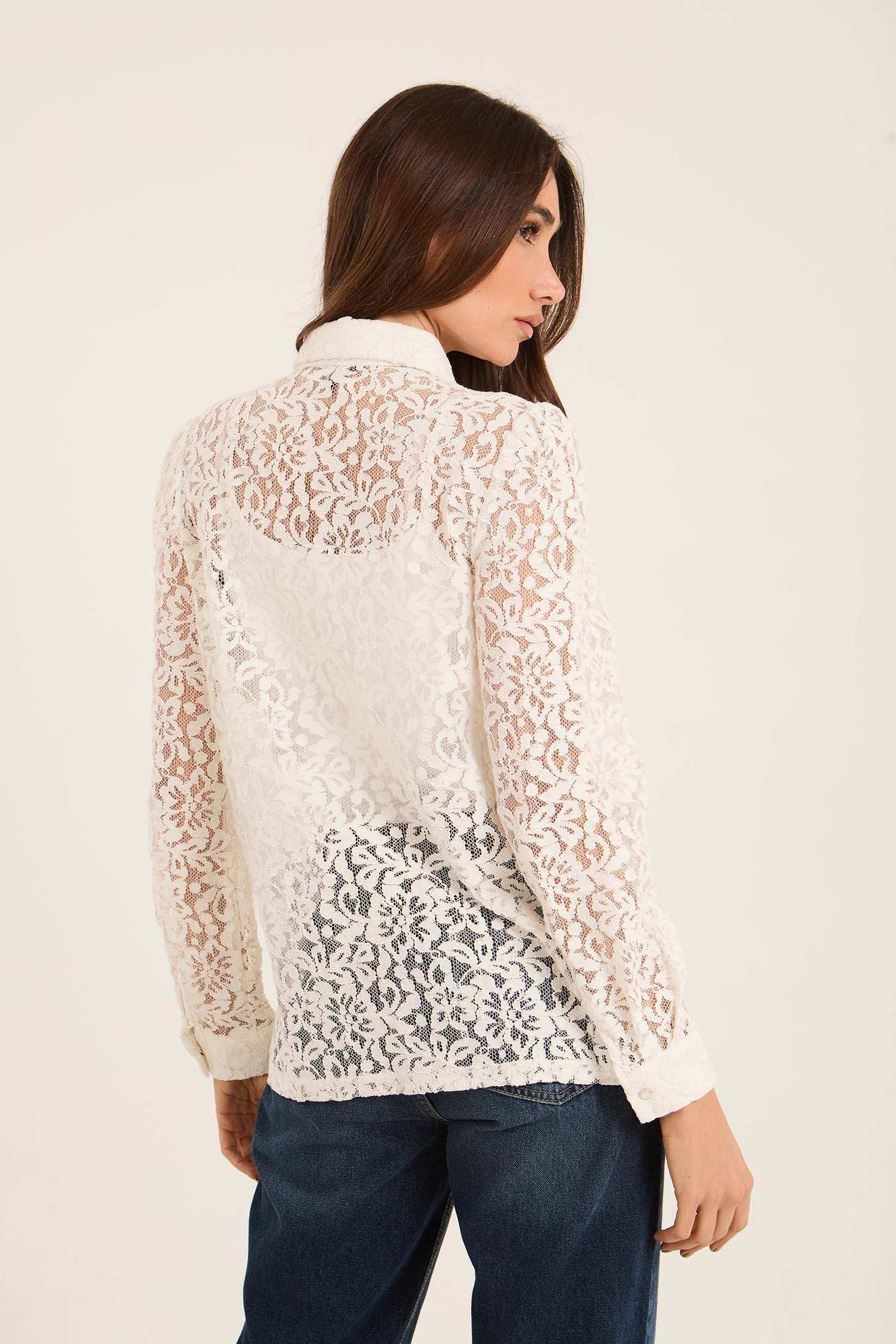 Lace Sheer Button-Down Shirt with Classic Collar