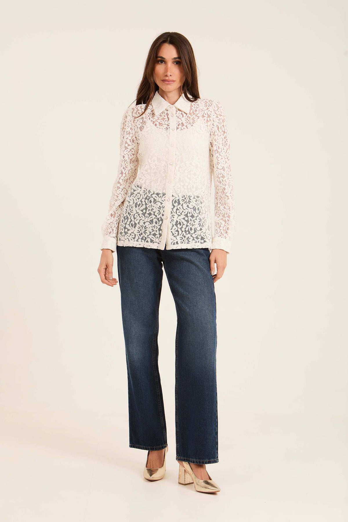 Lace Sheer Button-Down Shirt with Classic Collar