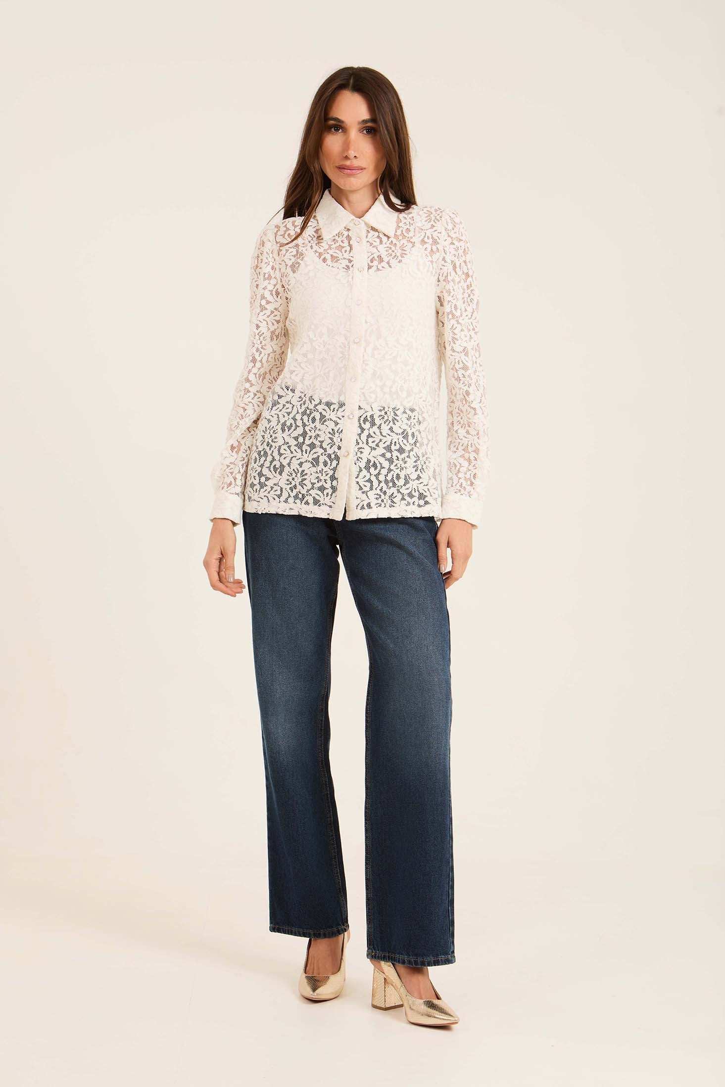 Lace Sheer Button-Down Shirt with Classic Collar
