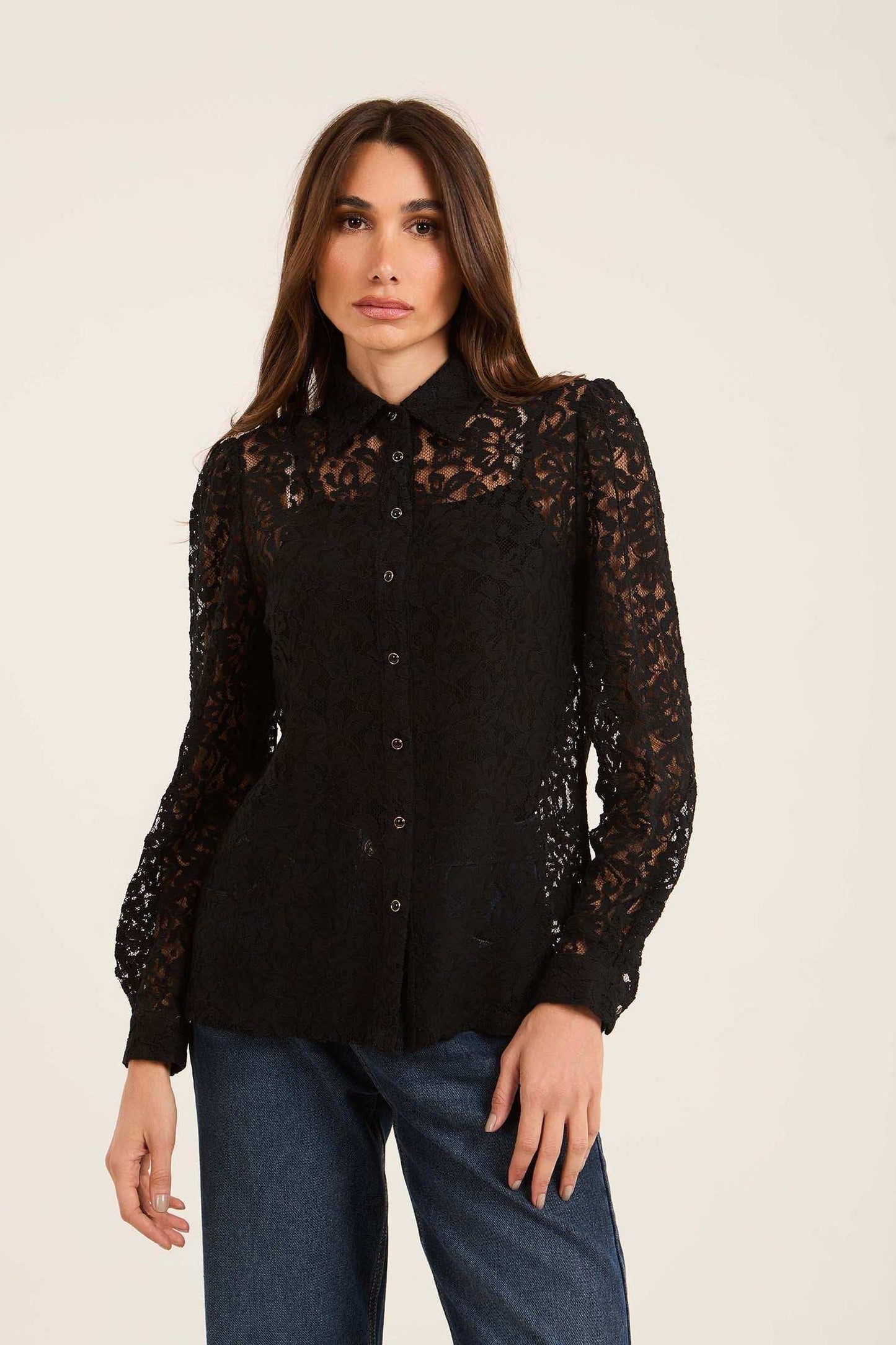 Lace Sheer Button-Down Shirt with Classic Collar