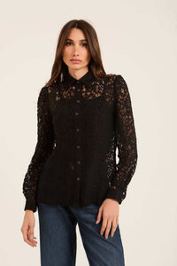 Lace Sheer Button-Down Shirt with Classic Collar