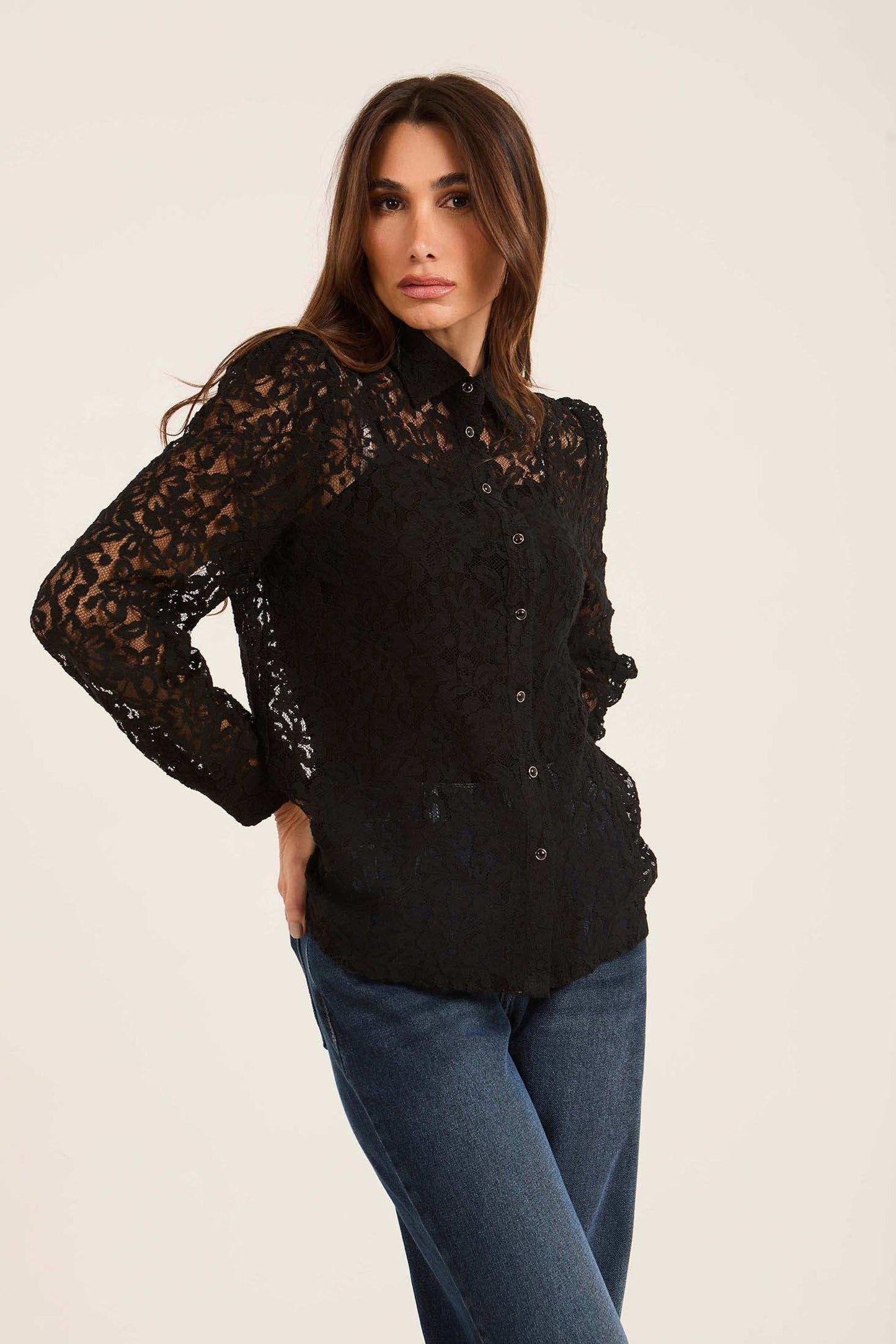 Lace Sheer Button-Down Shirt with Classic Collar