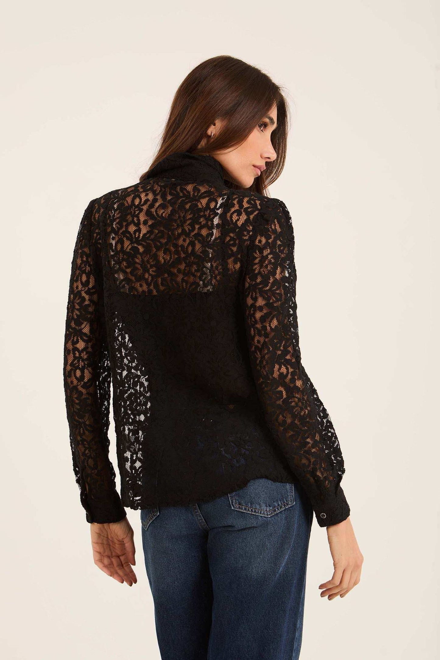 Lace Sheer Button-Down Shirt with Classic Collar
