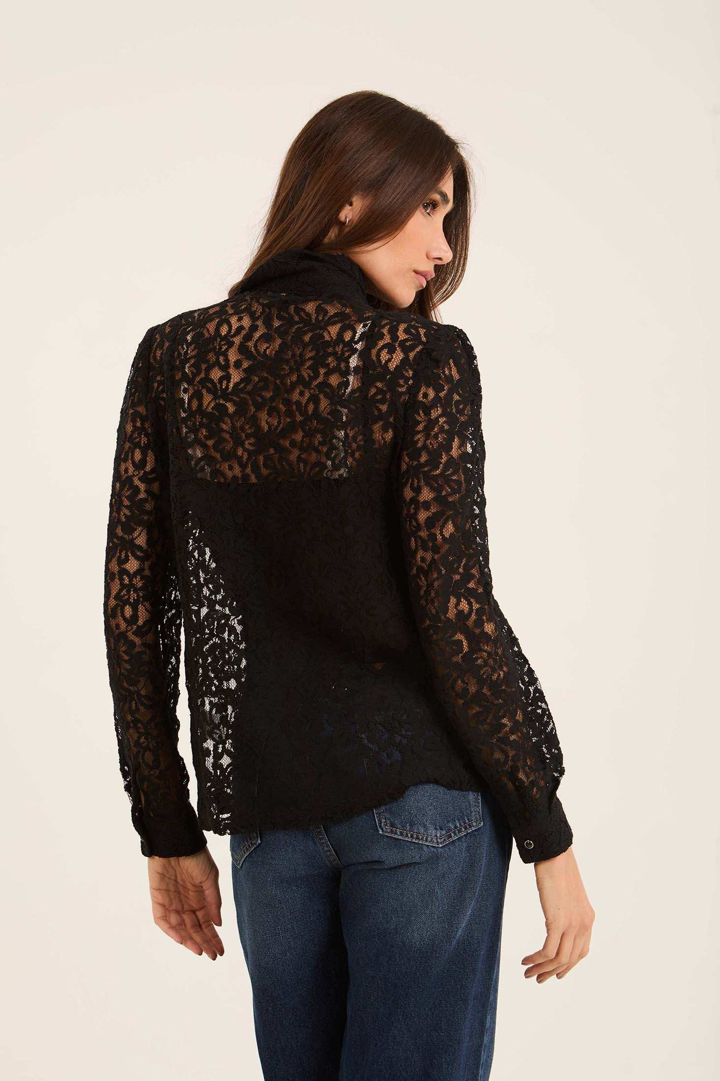 Lace Sheer Button-Down Shirt with Classic Collar