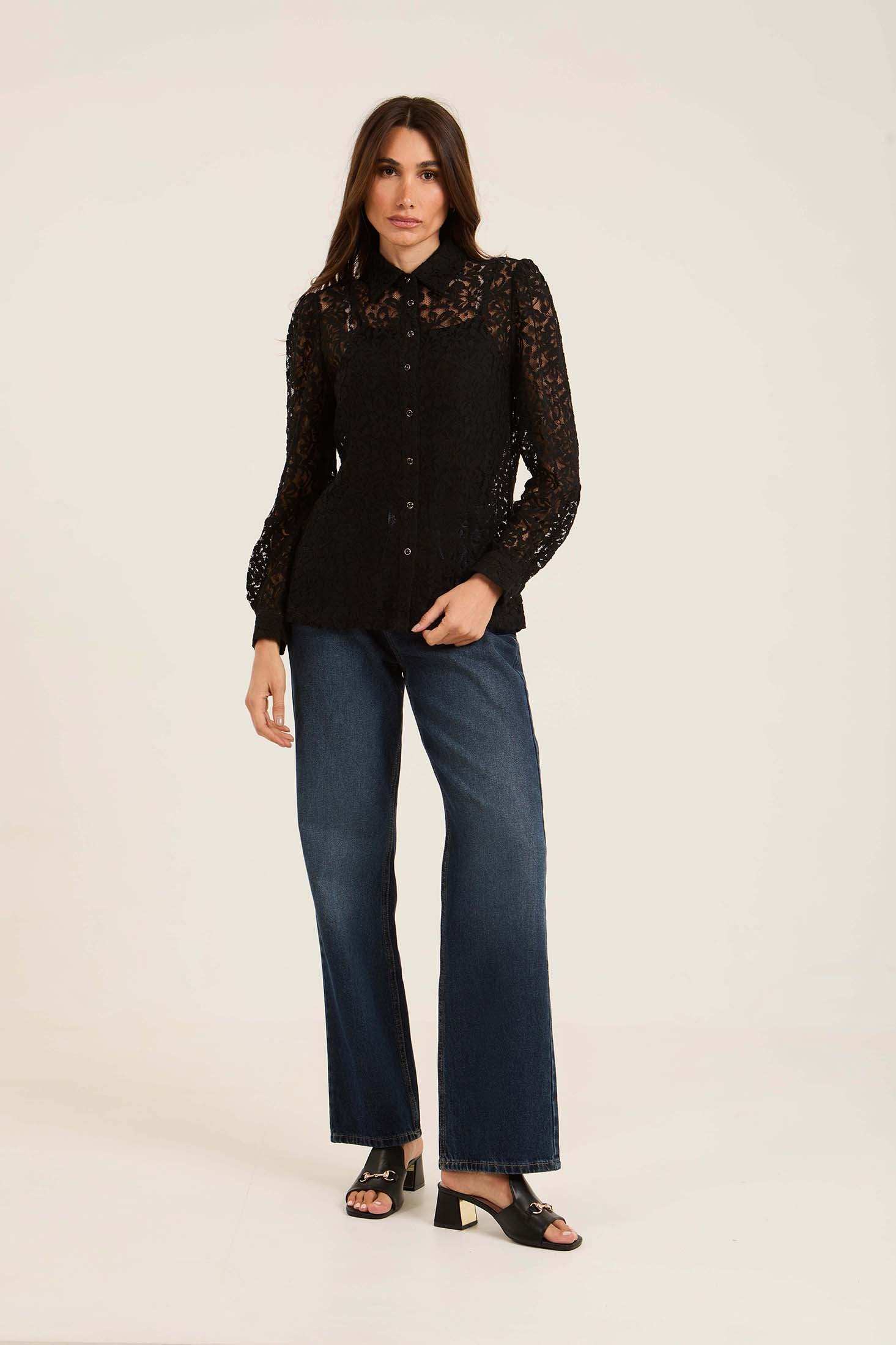 Lace Sheer Button-Down Shirt with Classic Collar