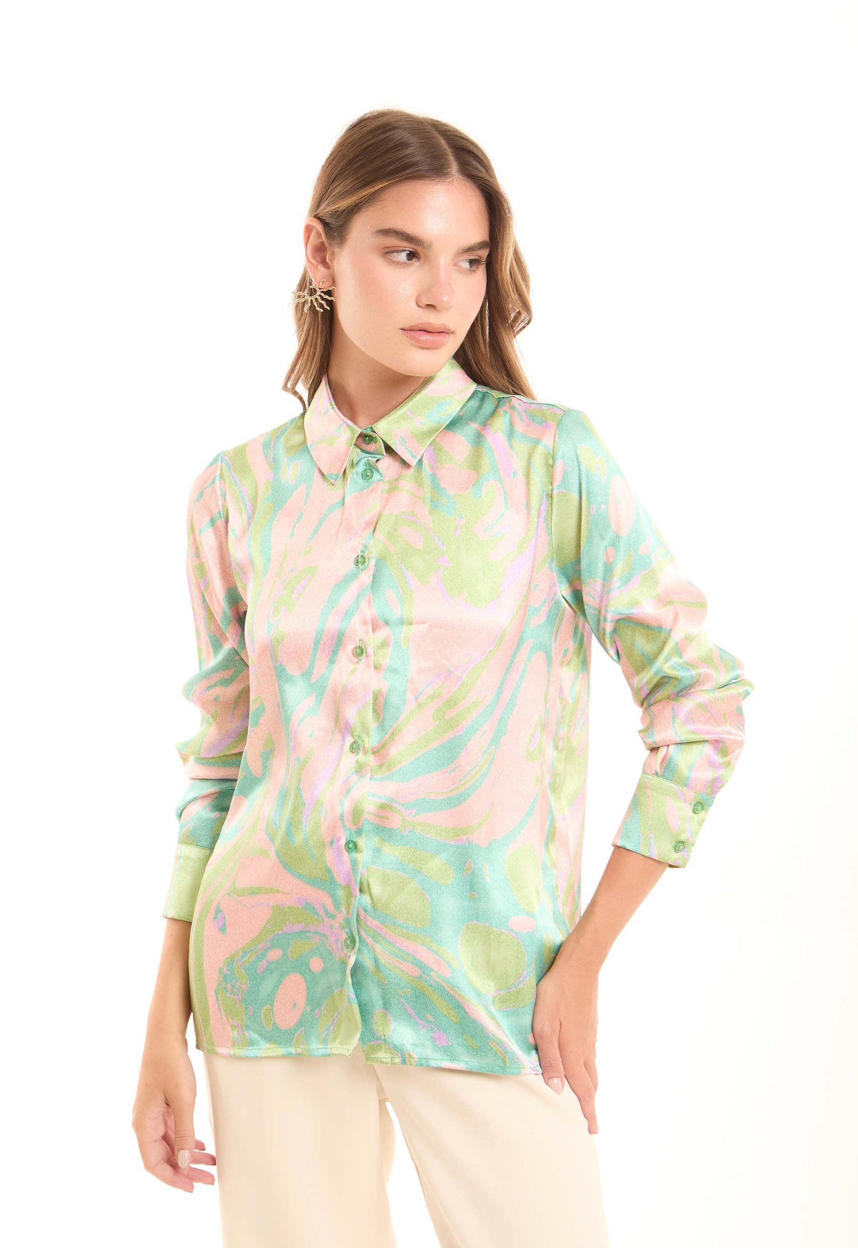 Vibrant Marble Print Satin Shirt