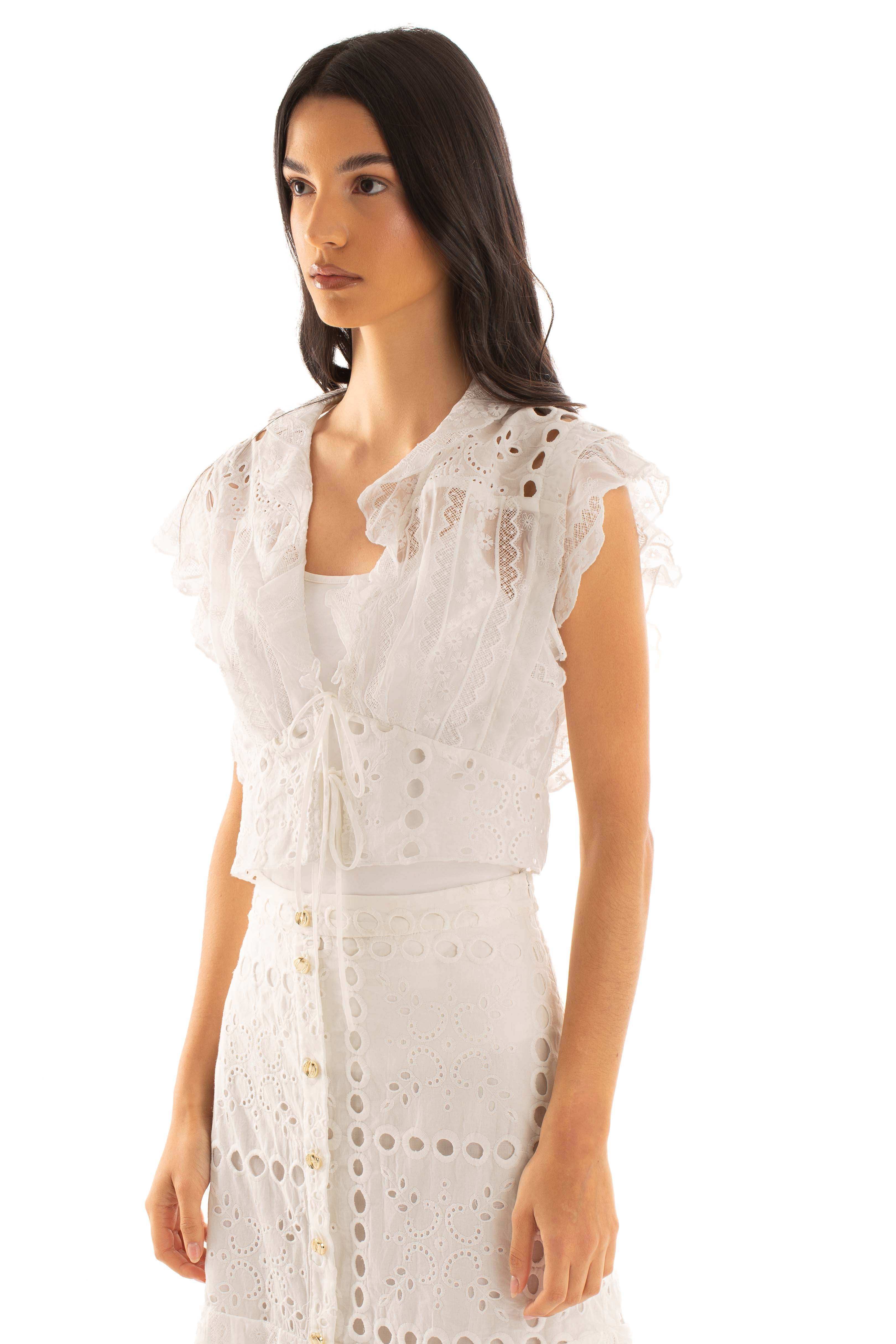 Perforated Embroidered Lace-Up Summer Top