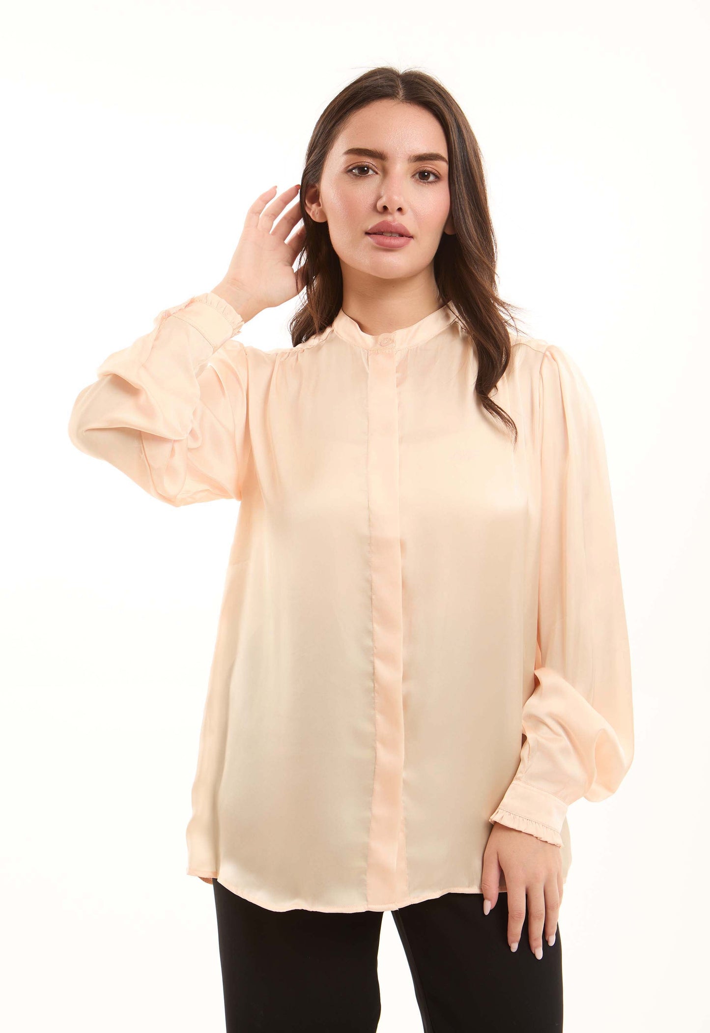 Minimalist Long-Sleeve Blouse with Front Pleats
