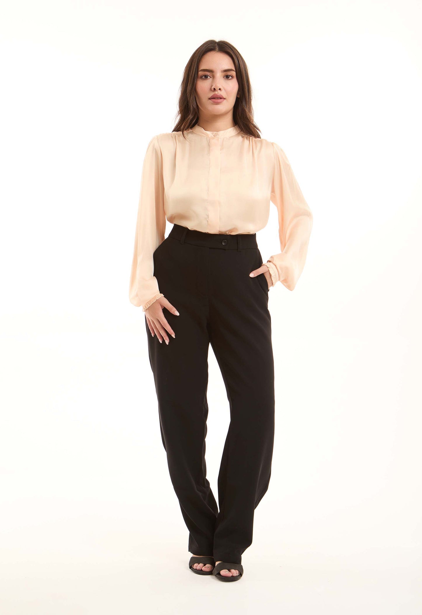 Minimalist Long-Sleeve Blouse with Front Pleats