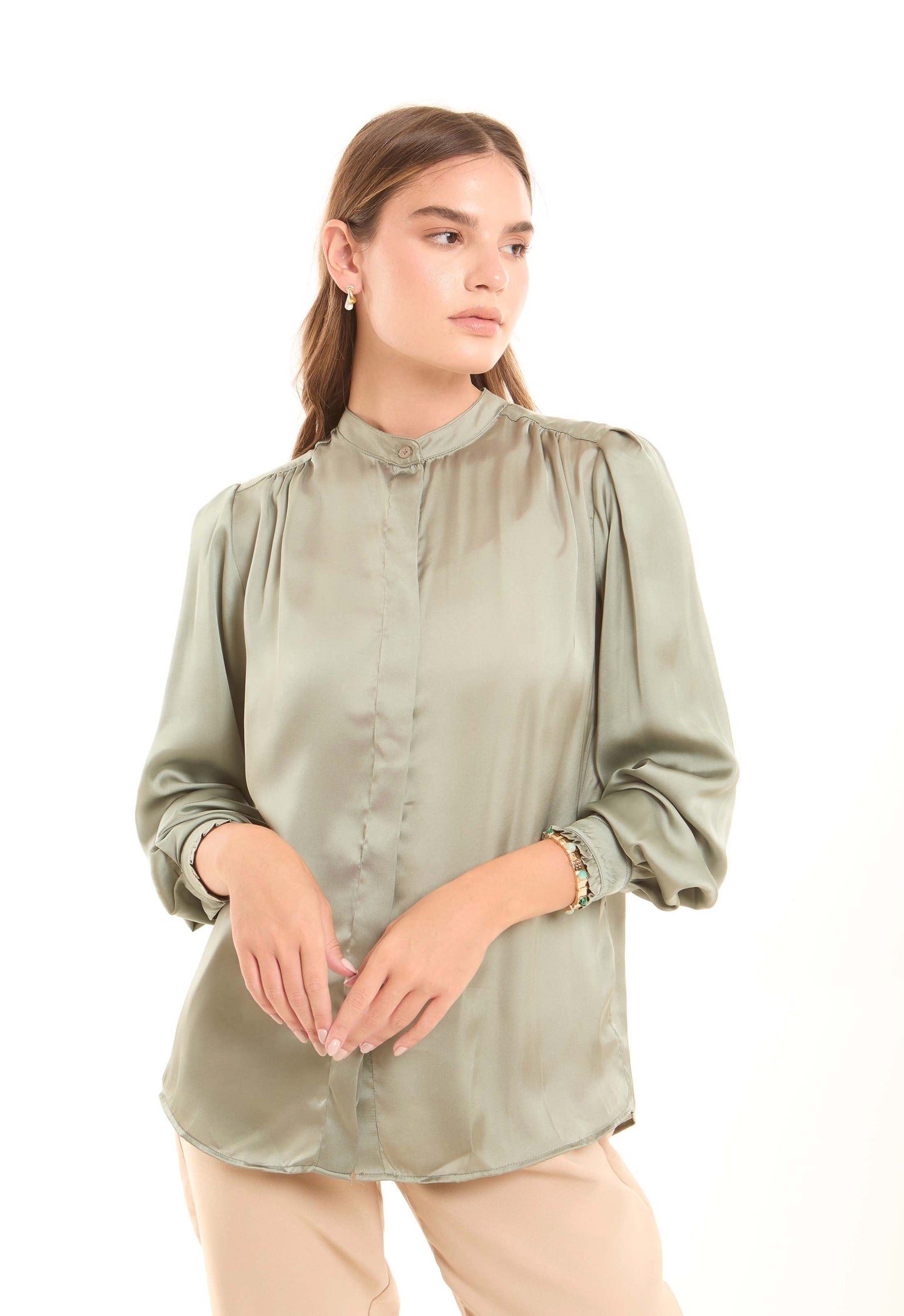 Minimalist Long-Sleeve Blouse with Front Pleats