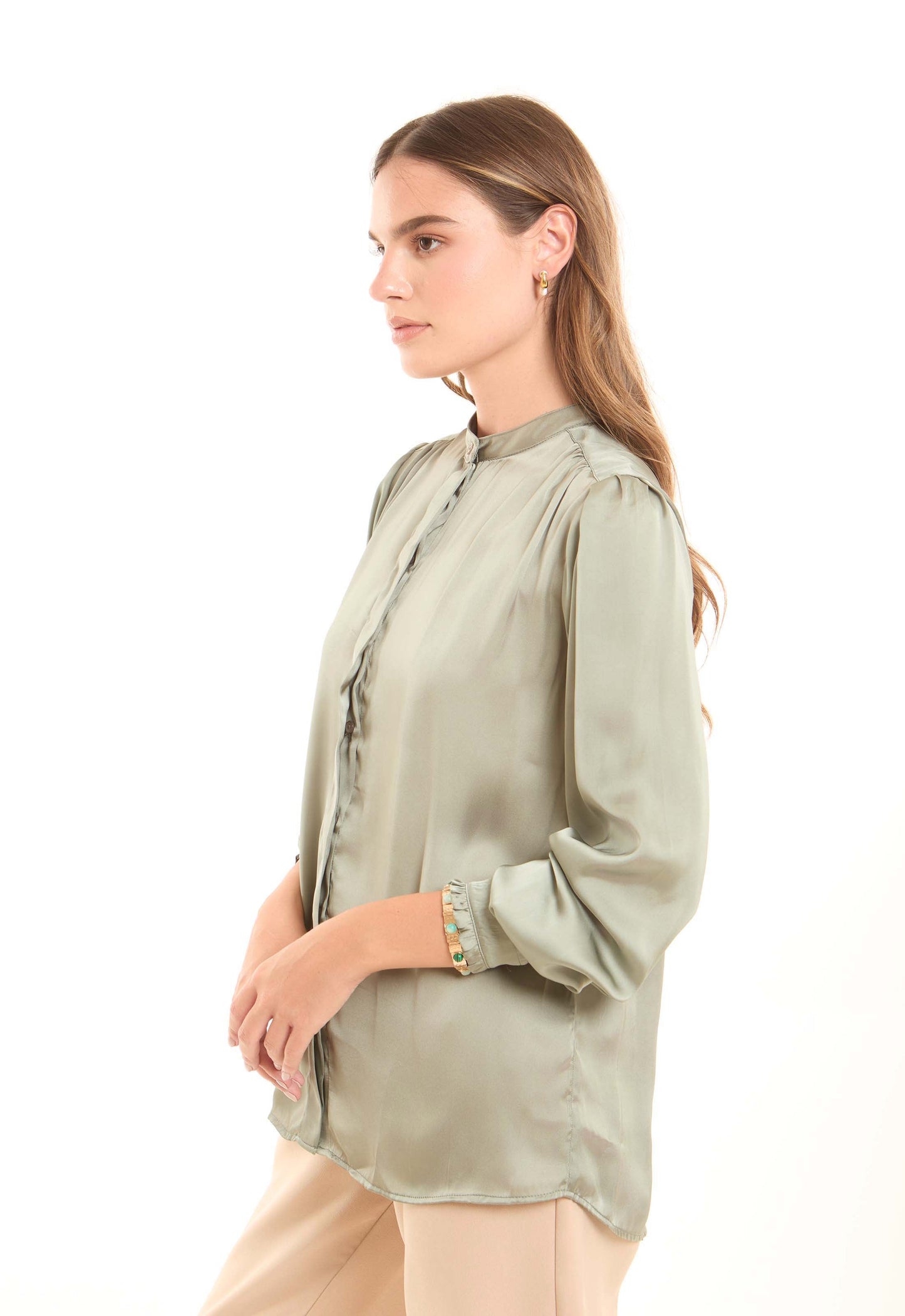 Minimalist Long-Sleeve Blouse with Front Pleats