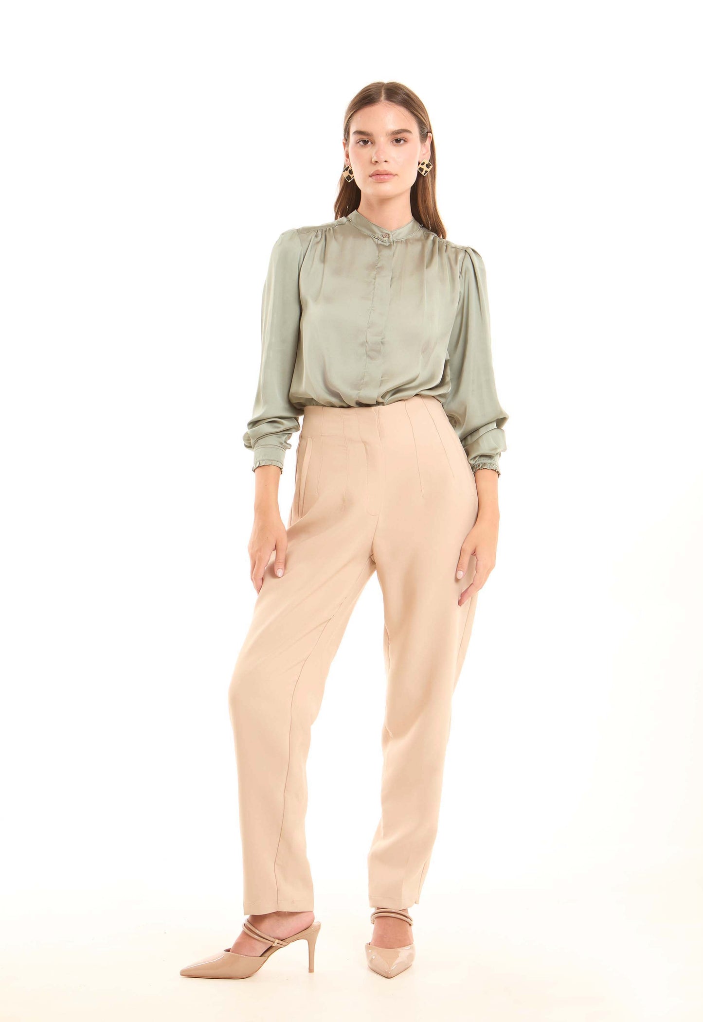 Minimalist Long-Sleeve Blouse with Front Pleats