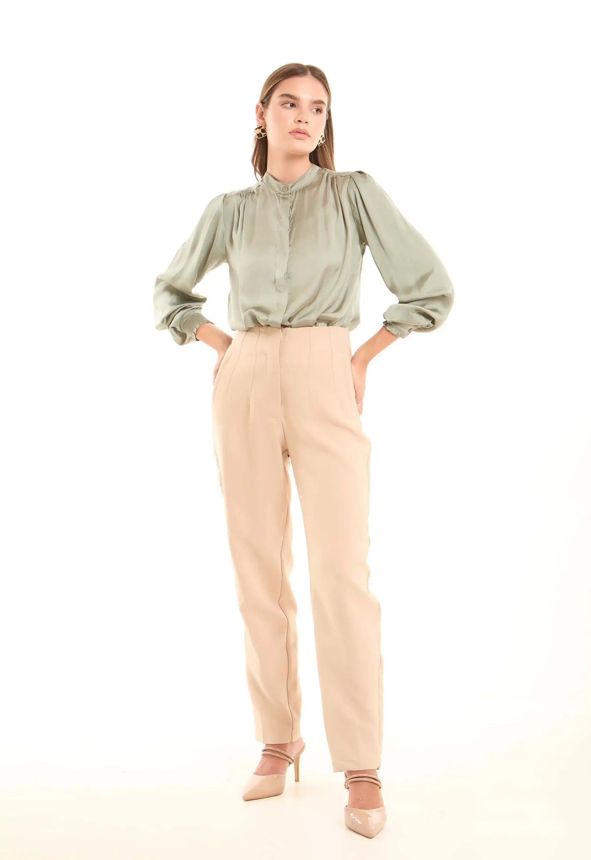 Minimalist Long-Sleeve Blouse with Front Pleats