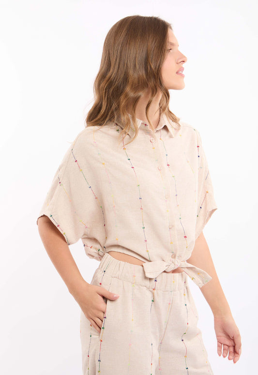 Cotton-Blend Embroidered Crop Shirt