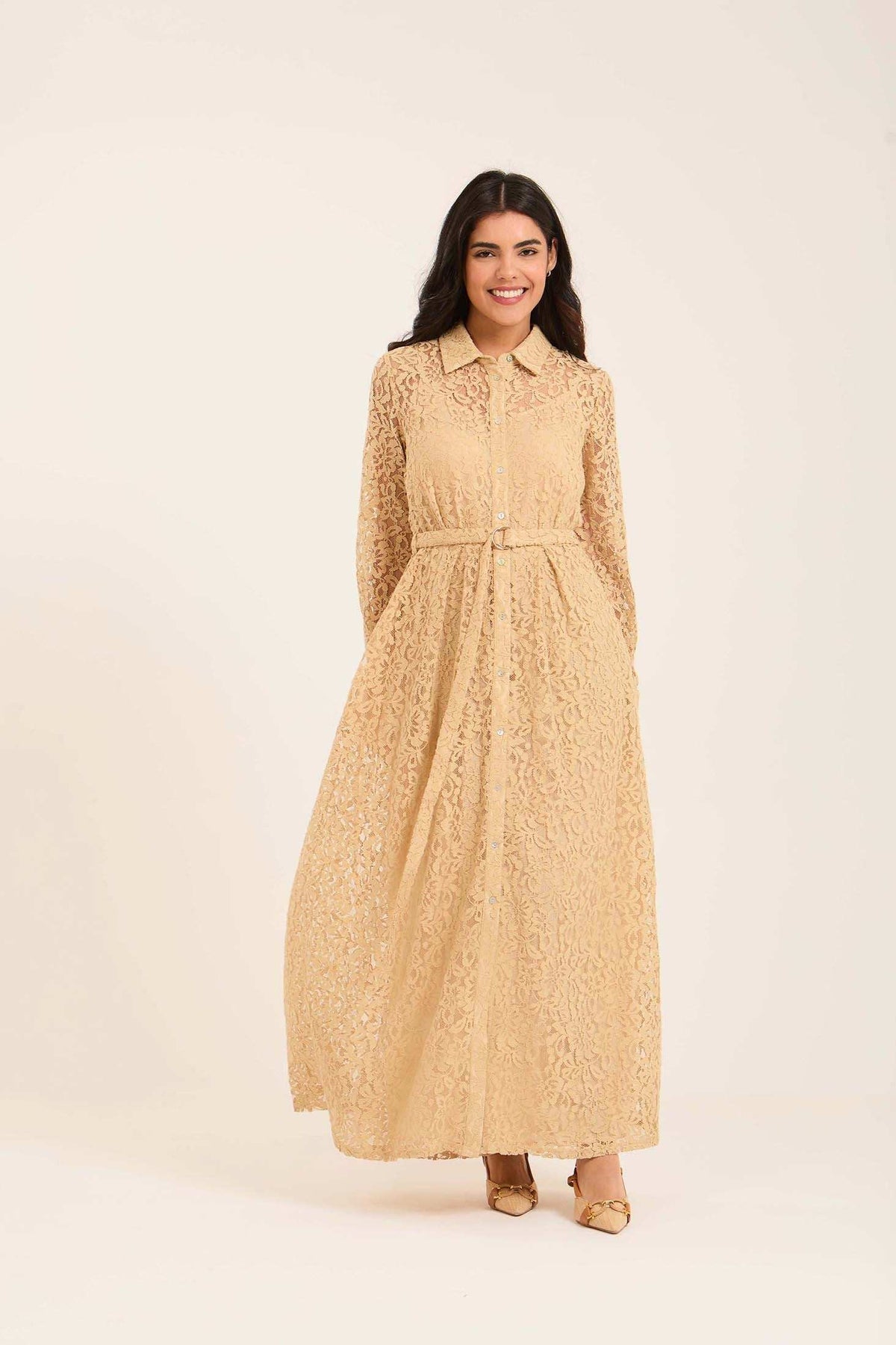 Sheer Floral Lace Buttoned Down Maxi Dress