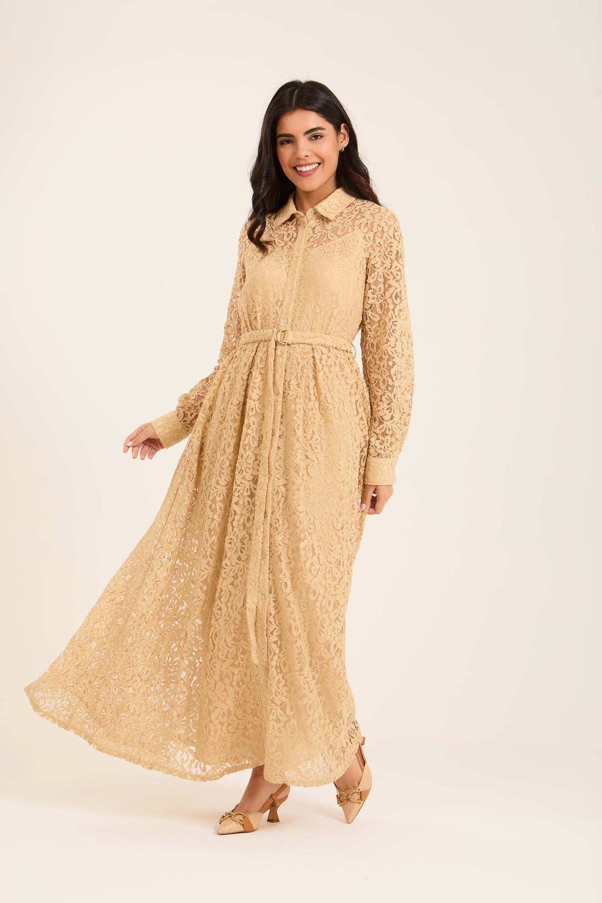 Sheer Floral Lace Buttoned Down Maxi Dress