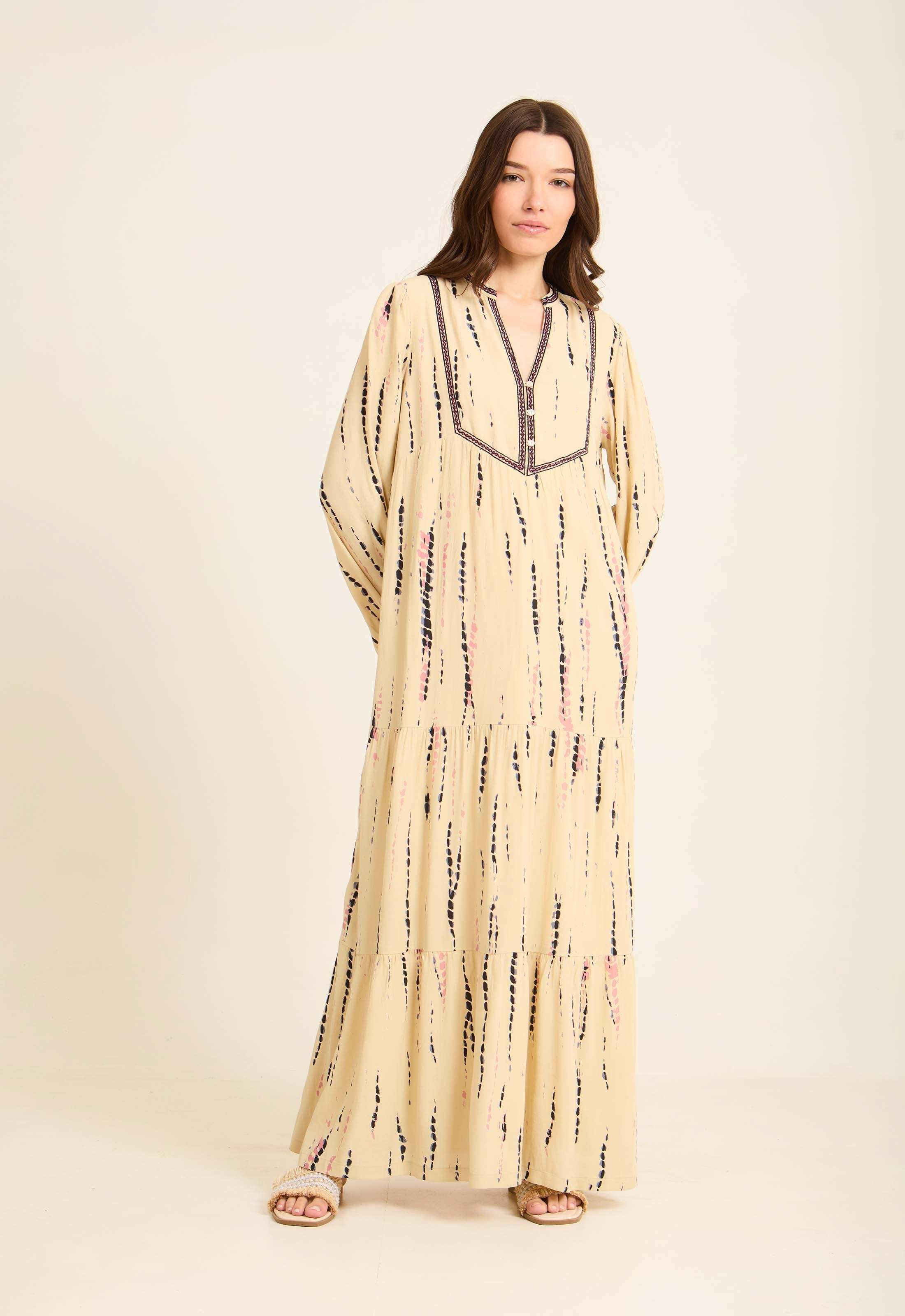 Embroidered Split Neck Tie-Dye Dress