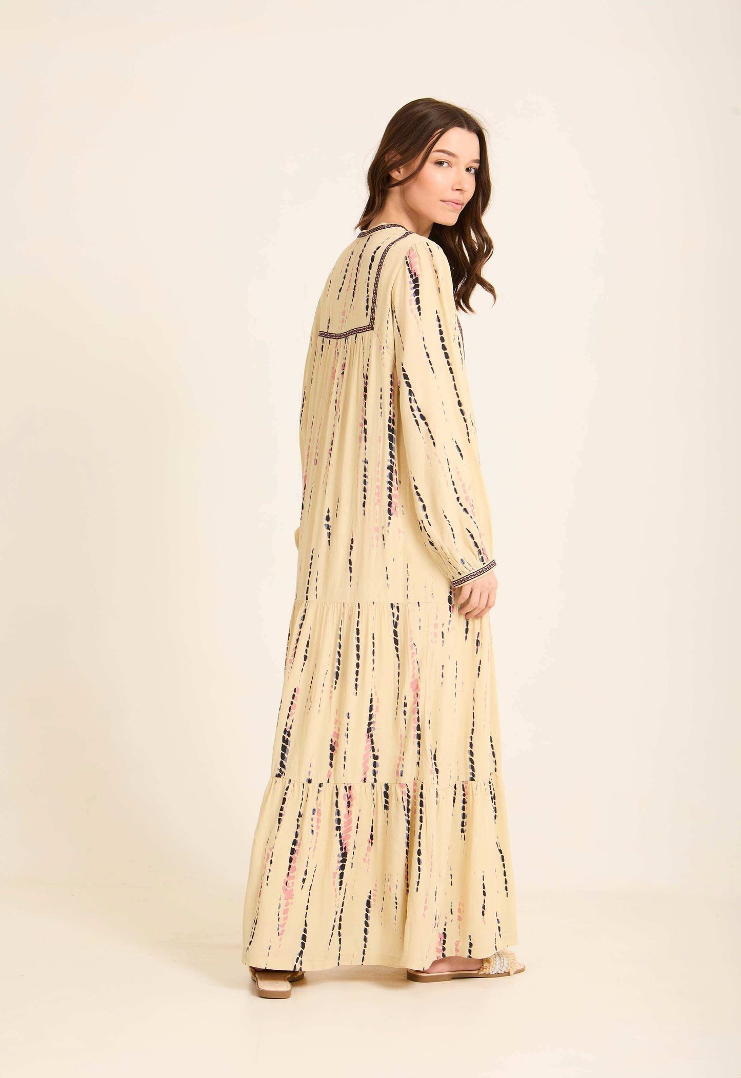 Embroidered Split Neck Tie-Dye Dress