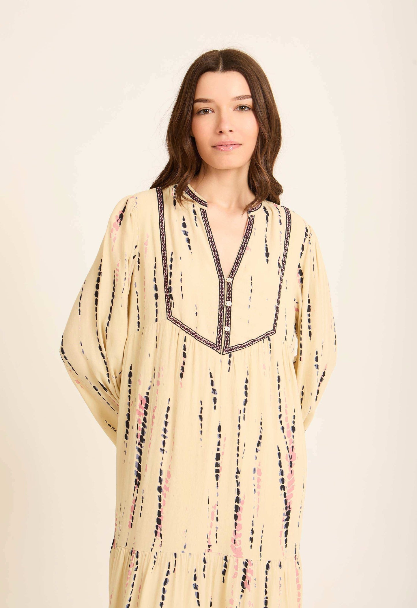 Embroidered Split Neck Tie-Dye Dress