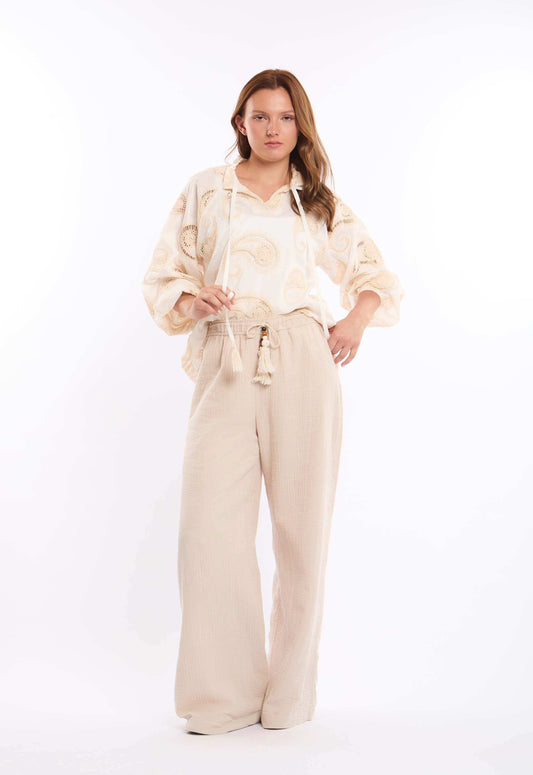 Textured Wide-Leg Pants with Tassel Tie