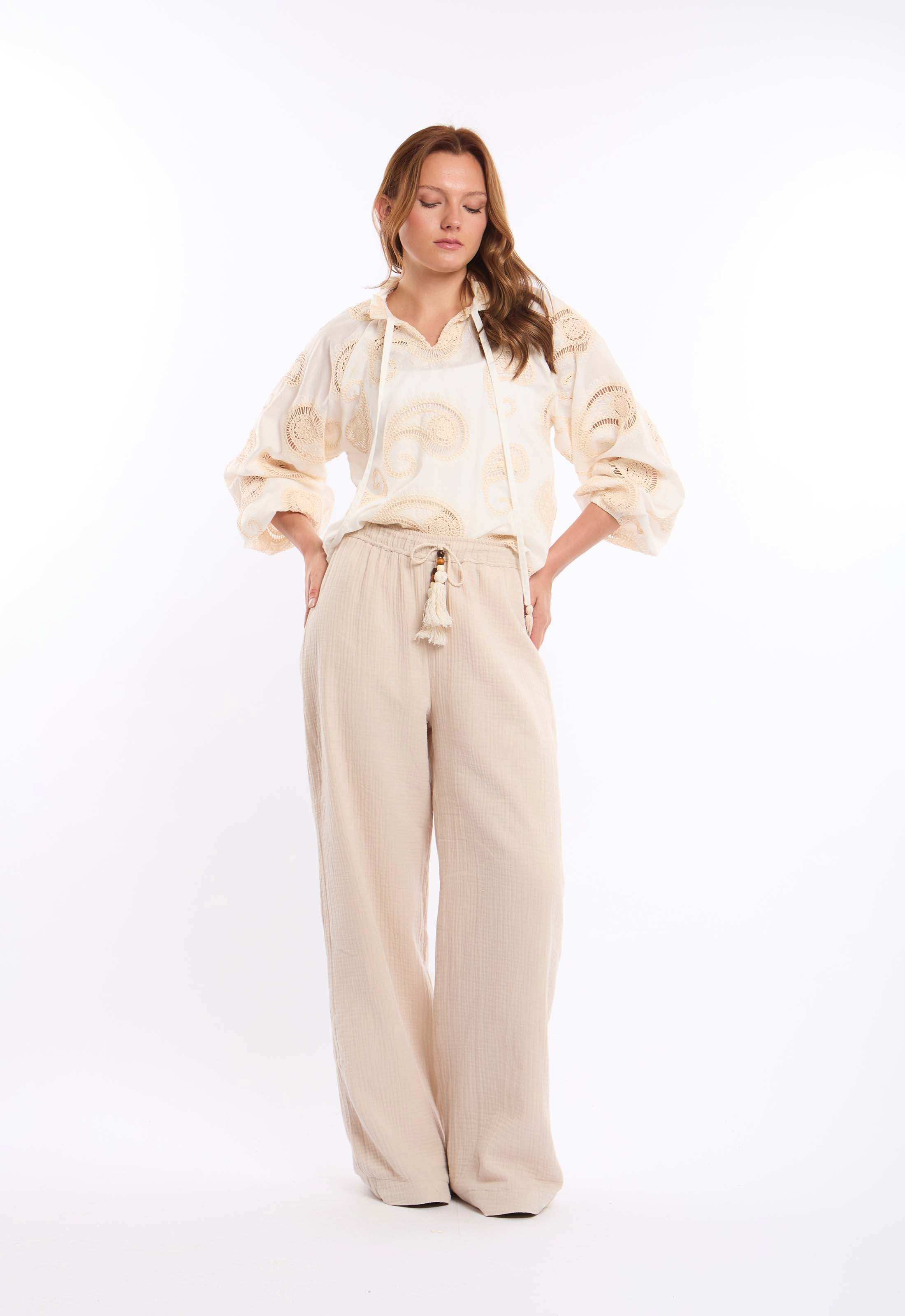 Textured Wide-Leg Pants with Tassel Tie
