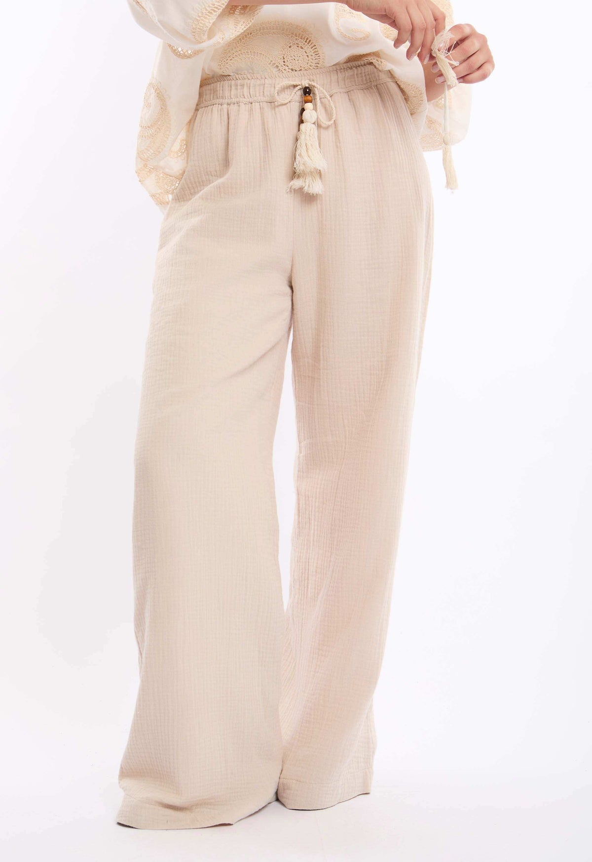 Textured Wide-Leg Pants with Tassel Tie