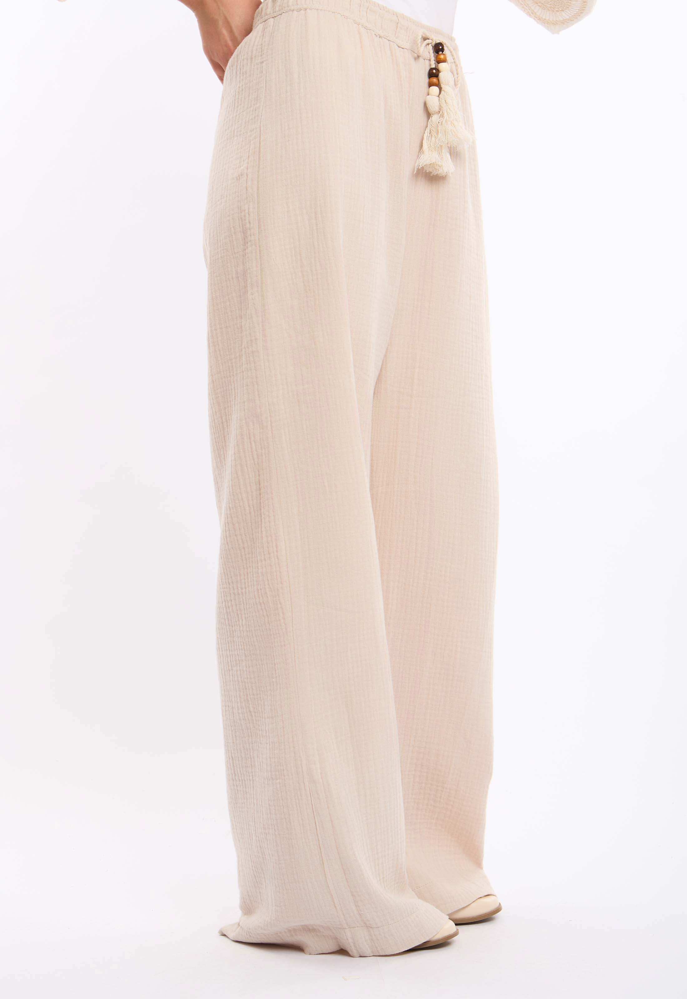 Textured Wide-Leg Pants with Tassel Tie
