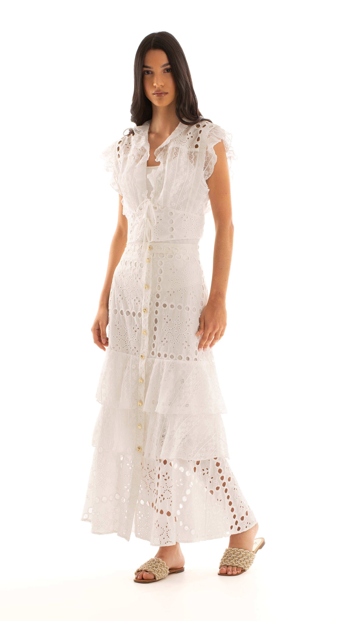 Perforated Embroidered Buttoned Summer Skirt
