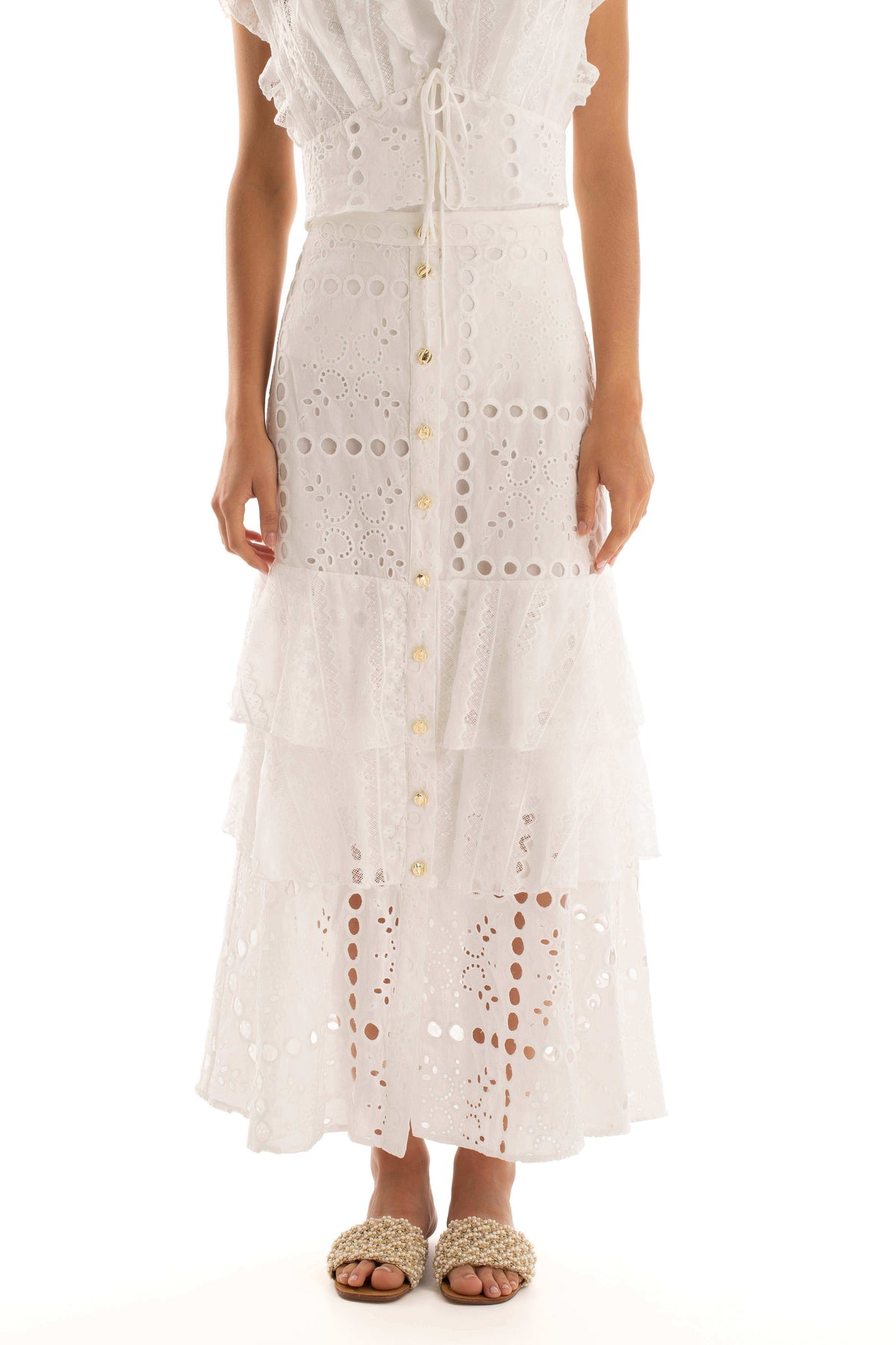Perforated Embroidered Buttoned Summer Skirt