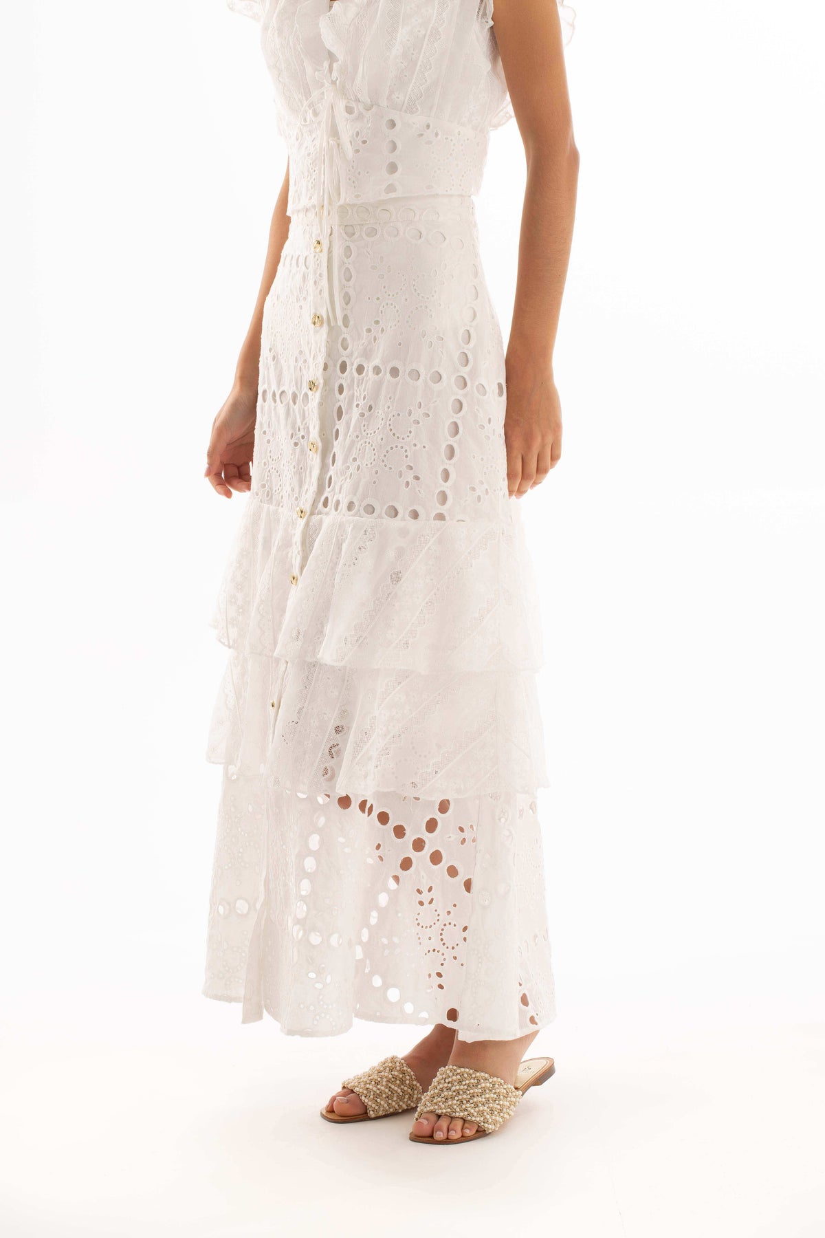 Perforated Embroidered Buttoned Summer Skirt
