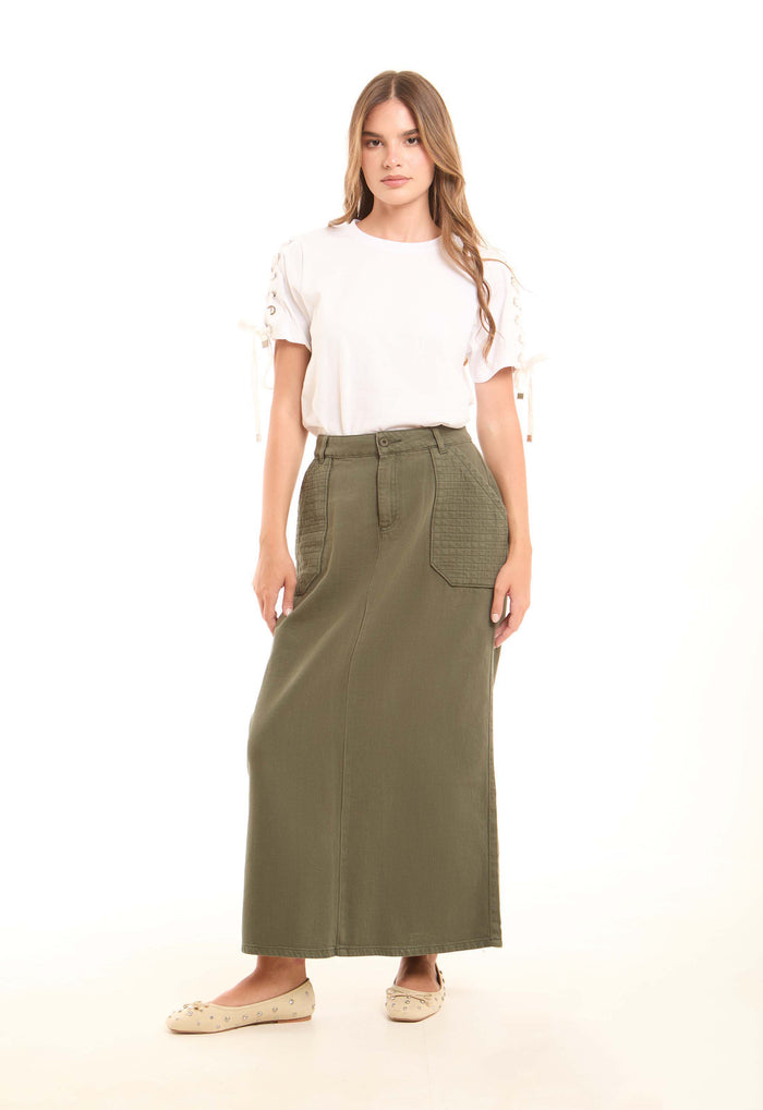 Stitched Squares Pockets Cotton Skirt