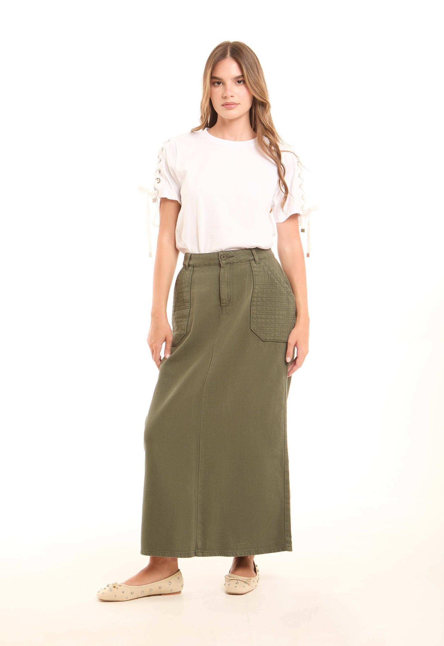 Stitched Squares Pockets Cotton Skirt