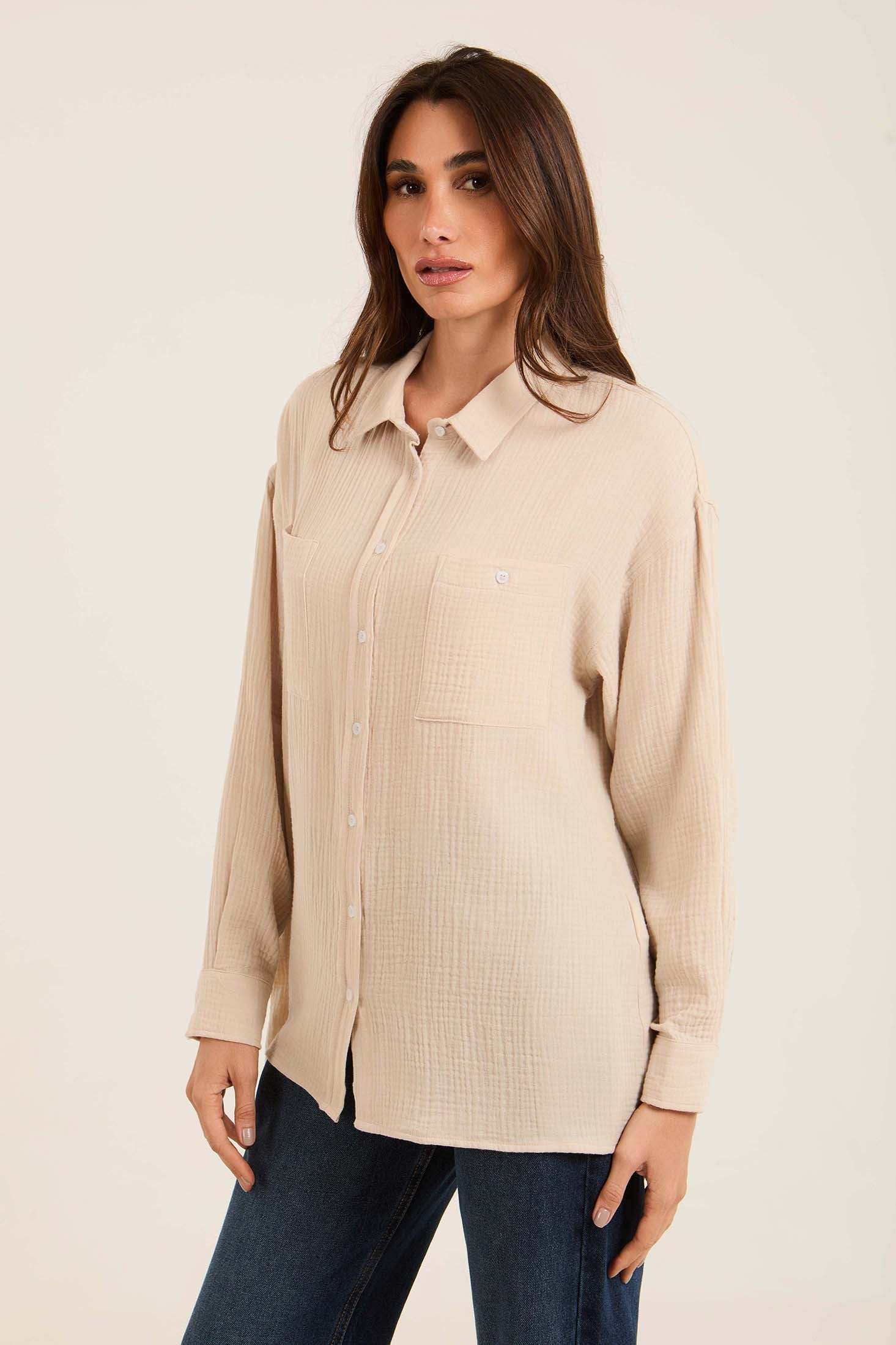 قميص قطن مزخرف بجيوب أمامية