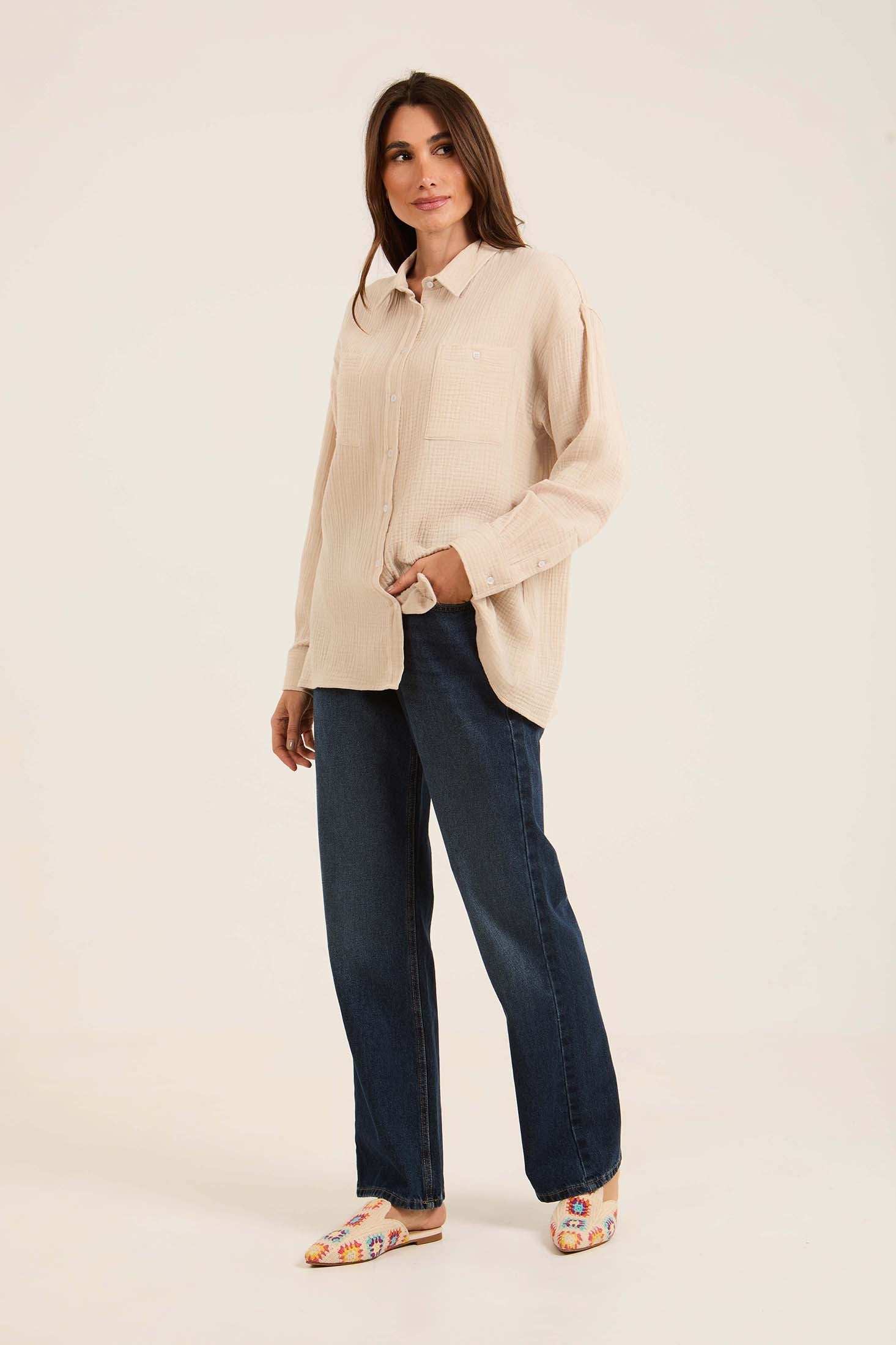 قميص قطن مزخرف بجيوب أمامية