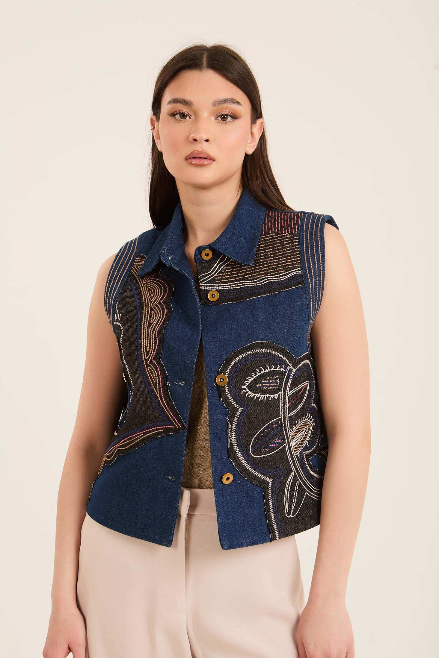 Stitched Patches Buttoned Vest with Turn Down Collar