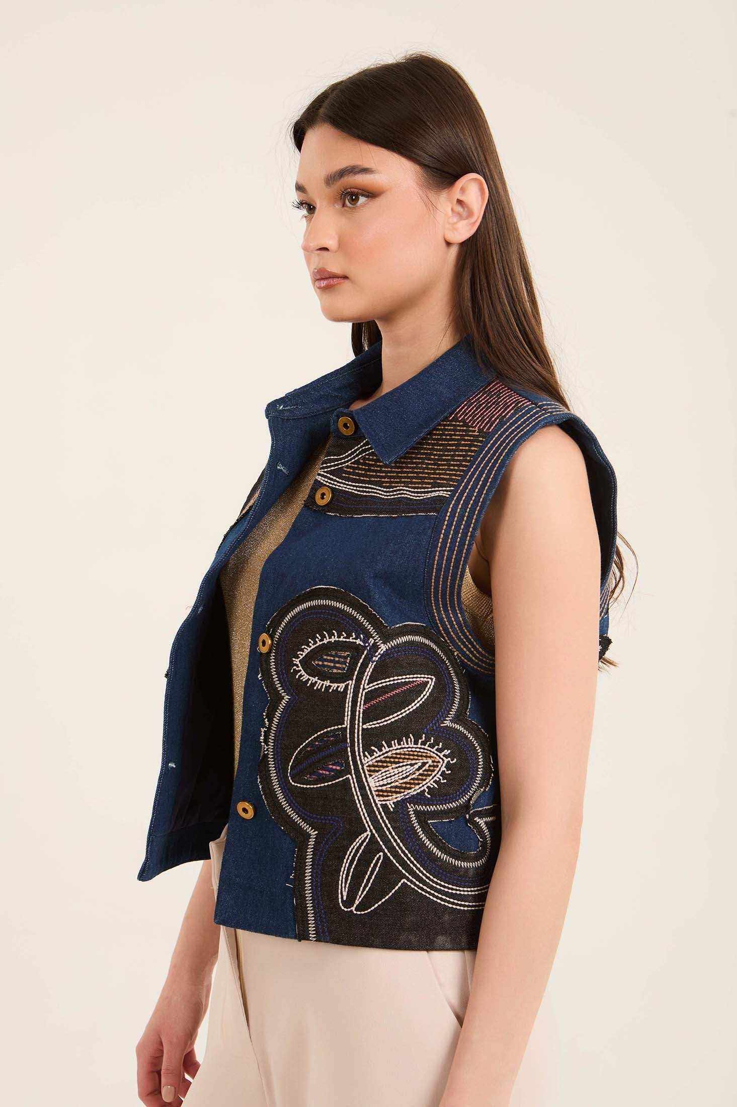 Stitched Patches Buttoned Vest with Turn Down Collar